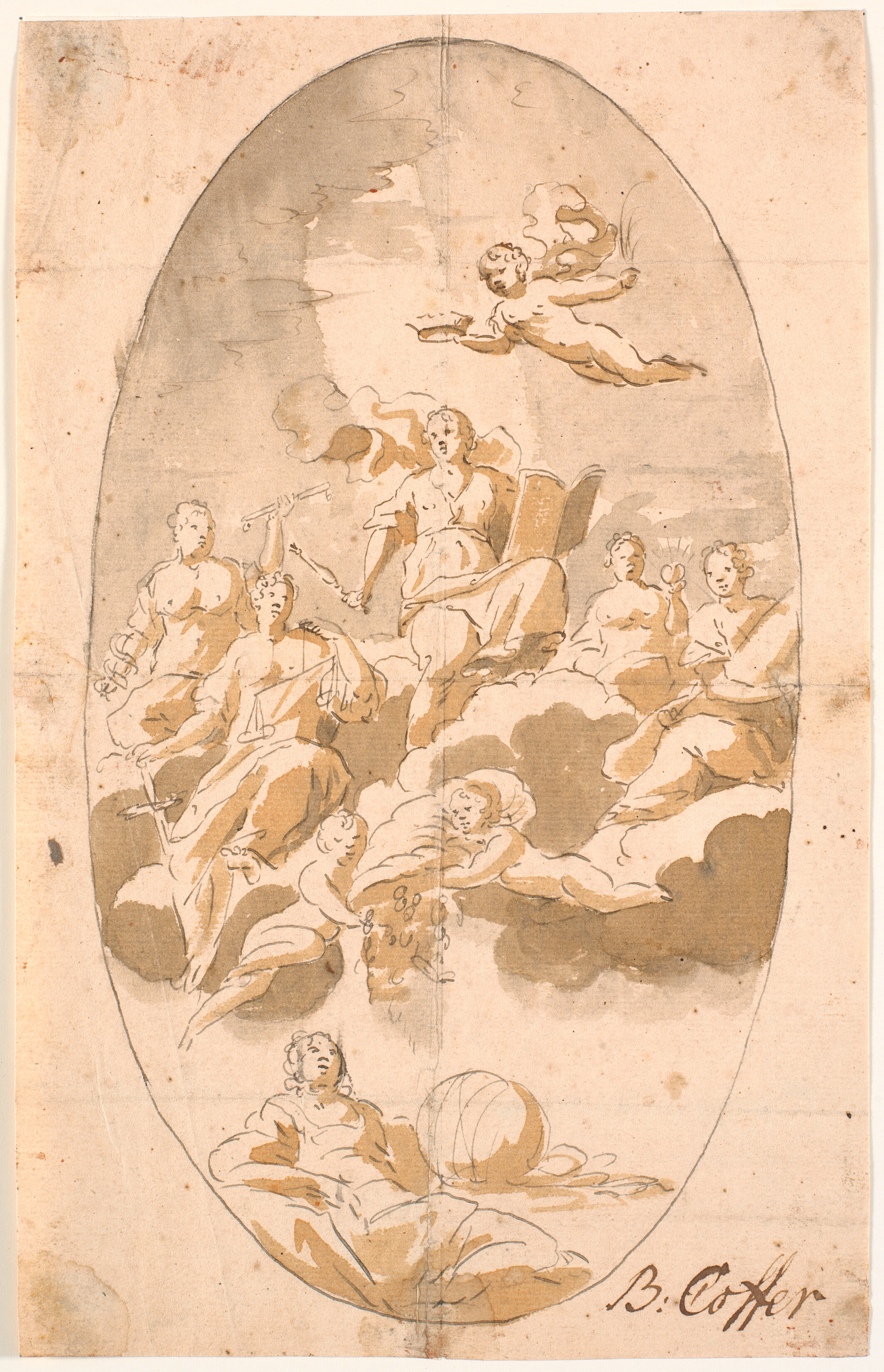 Studie til loftsmaleri med ni figurer, ovalt