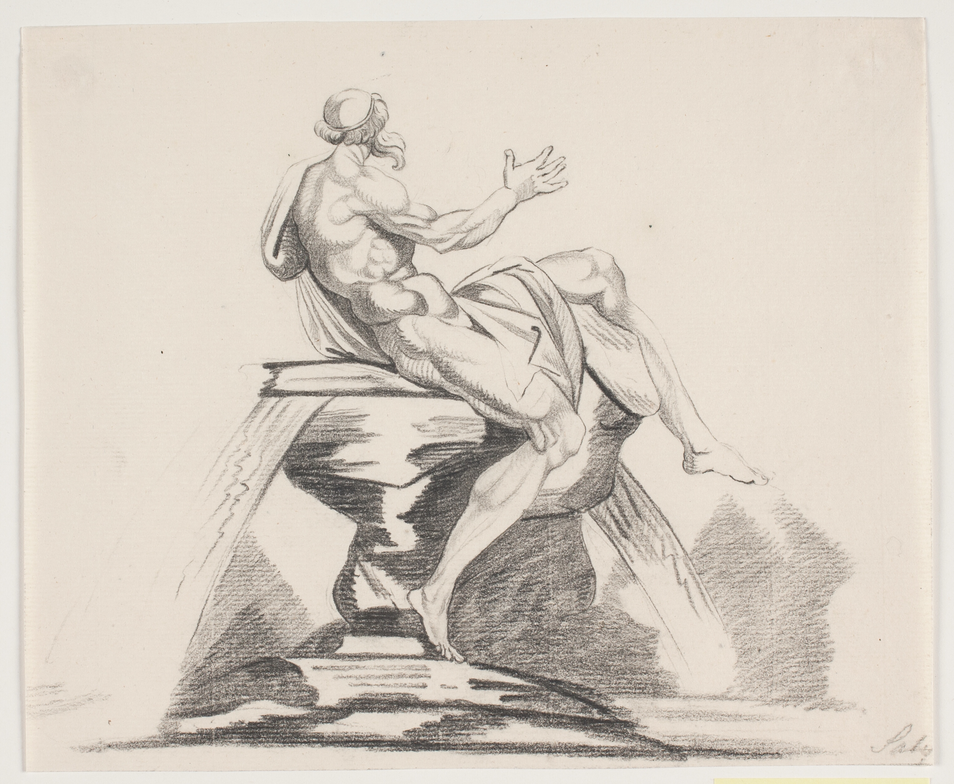 Mandlig skægget figur med gevandter set bagfra på en fontæne