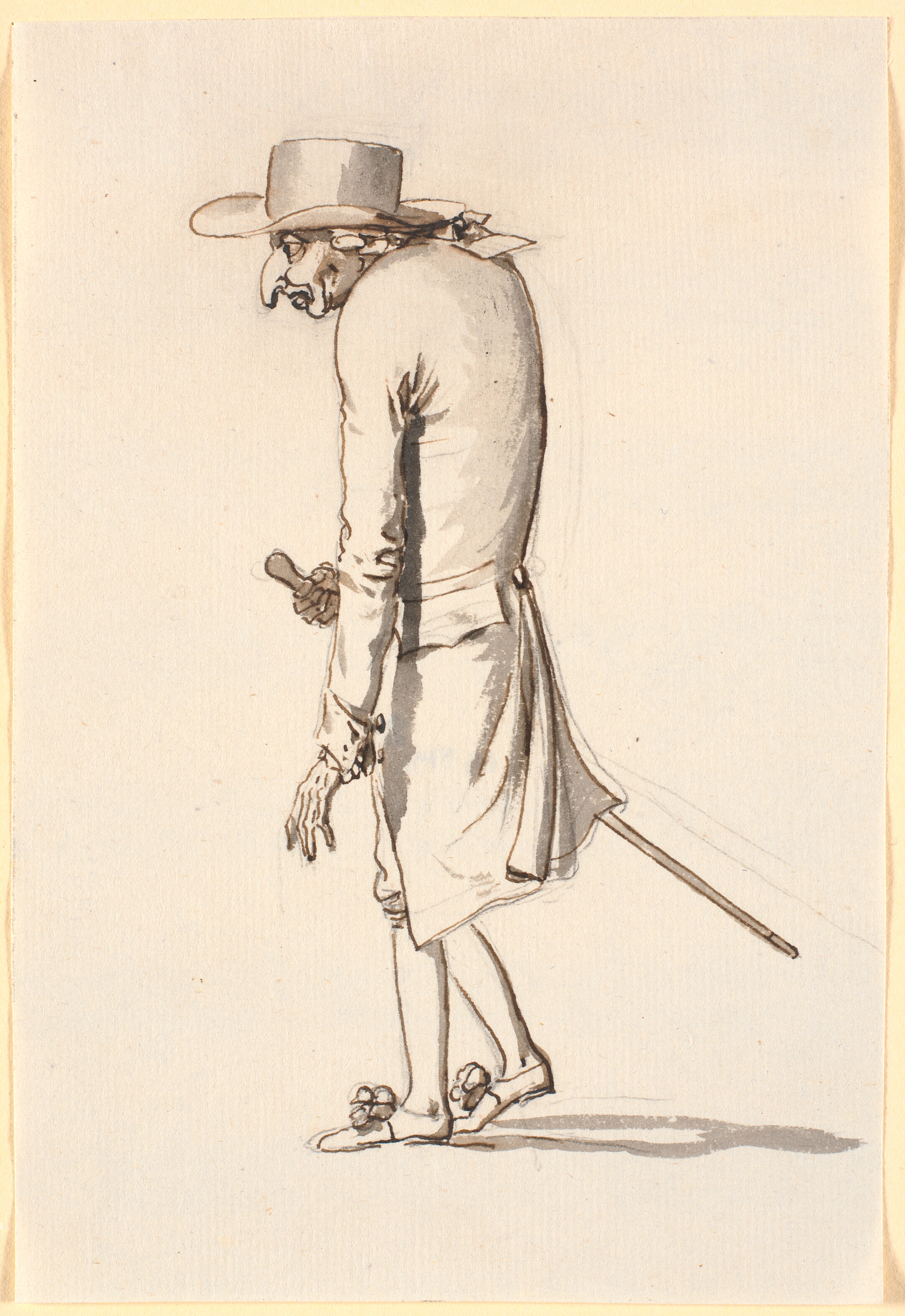 Karikatur af en krumbøjet mand, gående mod venstre, med en stok i højre hånd