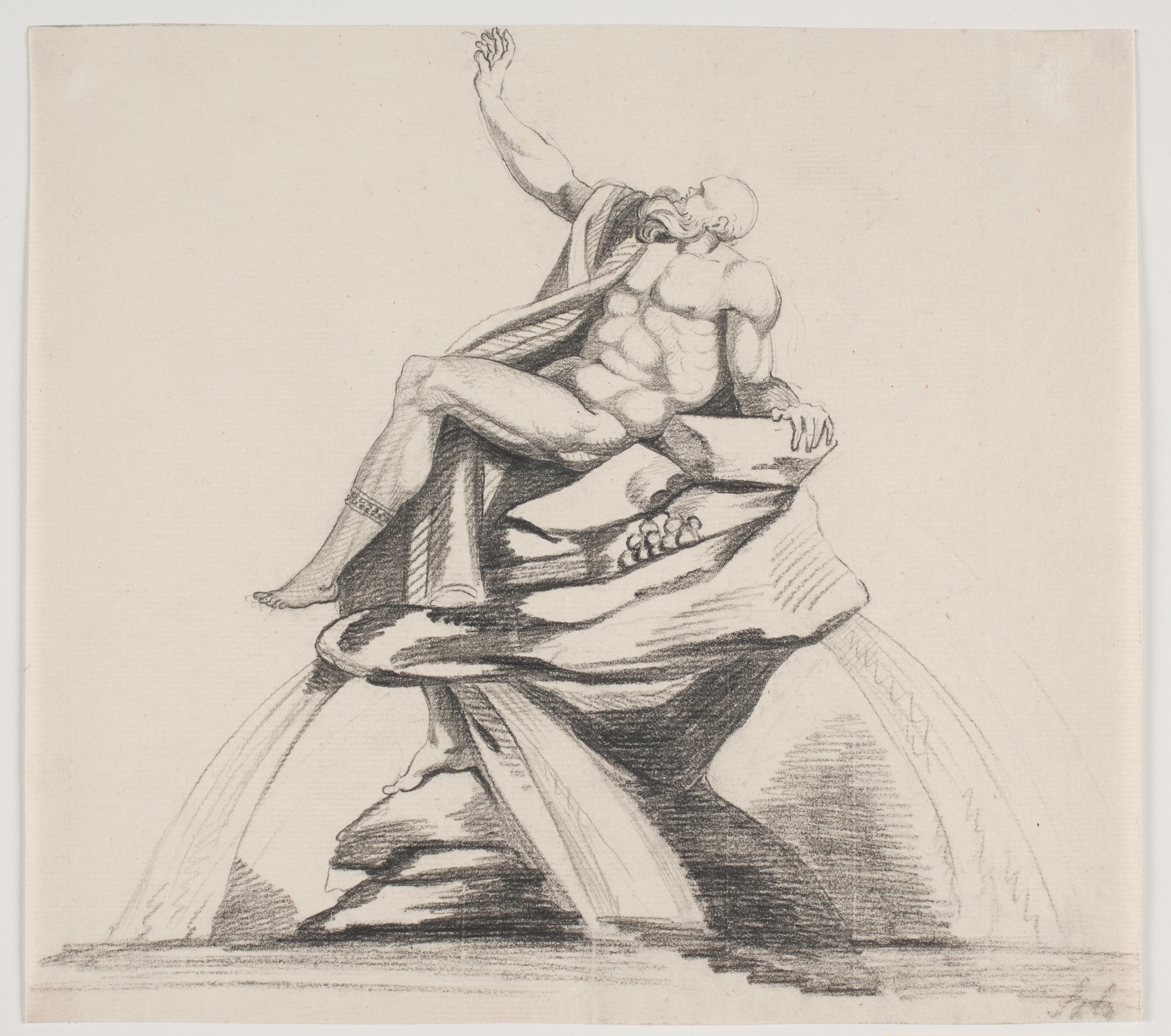 Mandlig skægget figur med gevandter set i profil m.v. på en fontæne