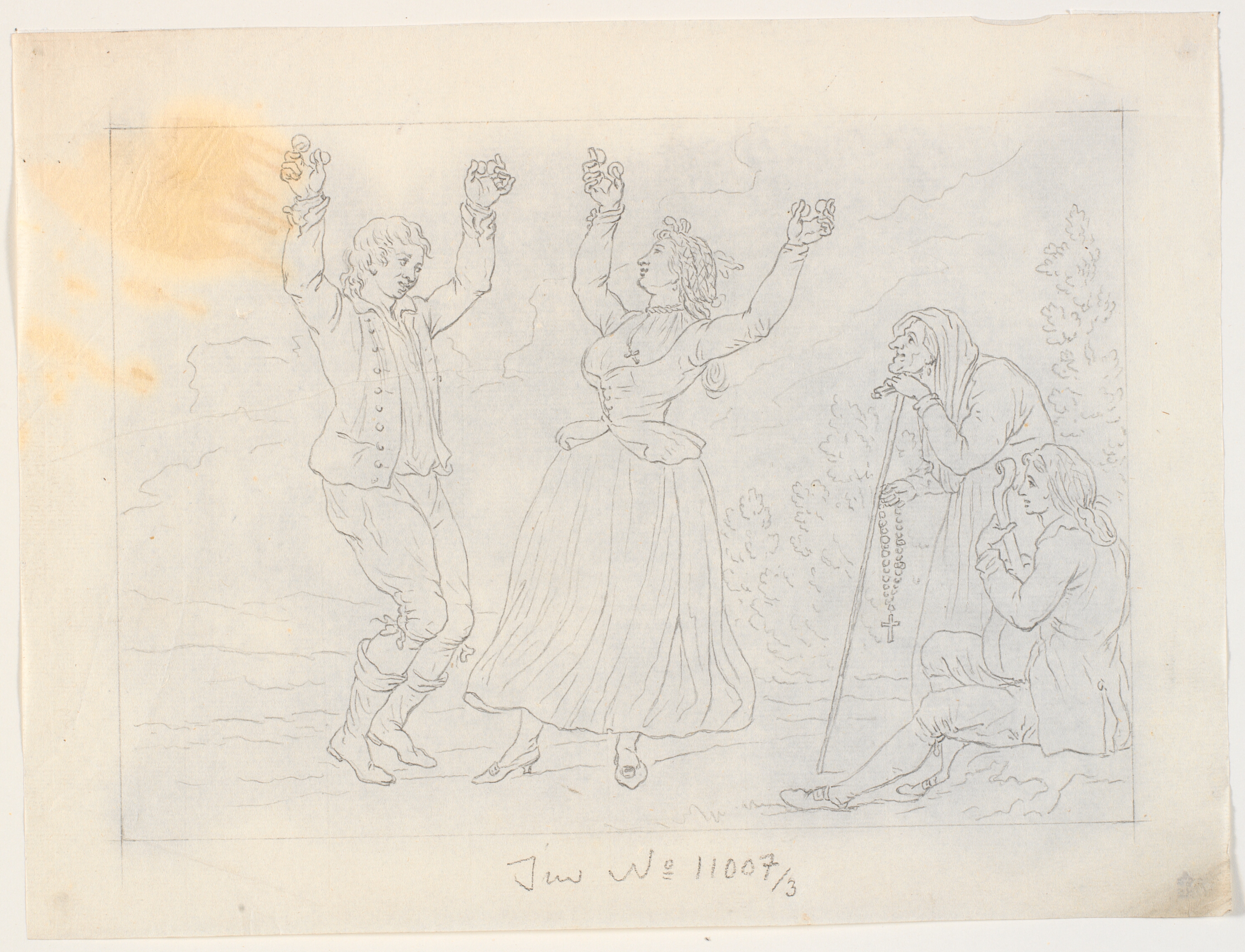 Mand og kvinde danser fandango. En ung mand der spiller guitar og en gammel kone ser til