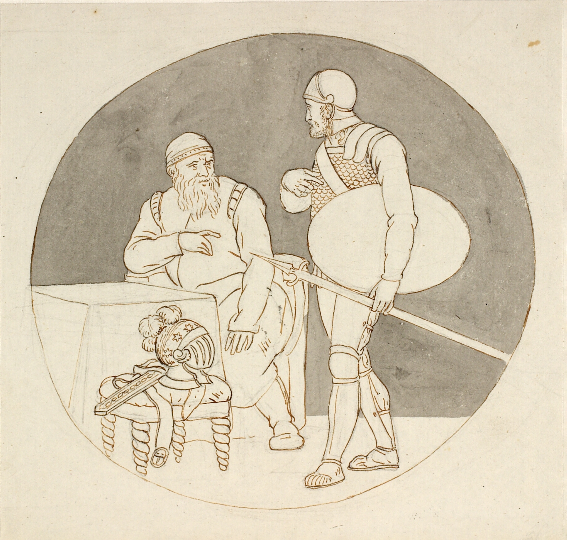 To krigere, den ene stående, den anden siddende