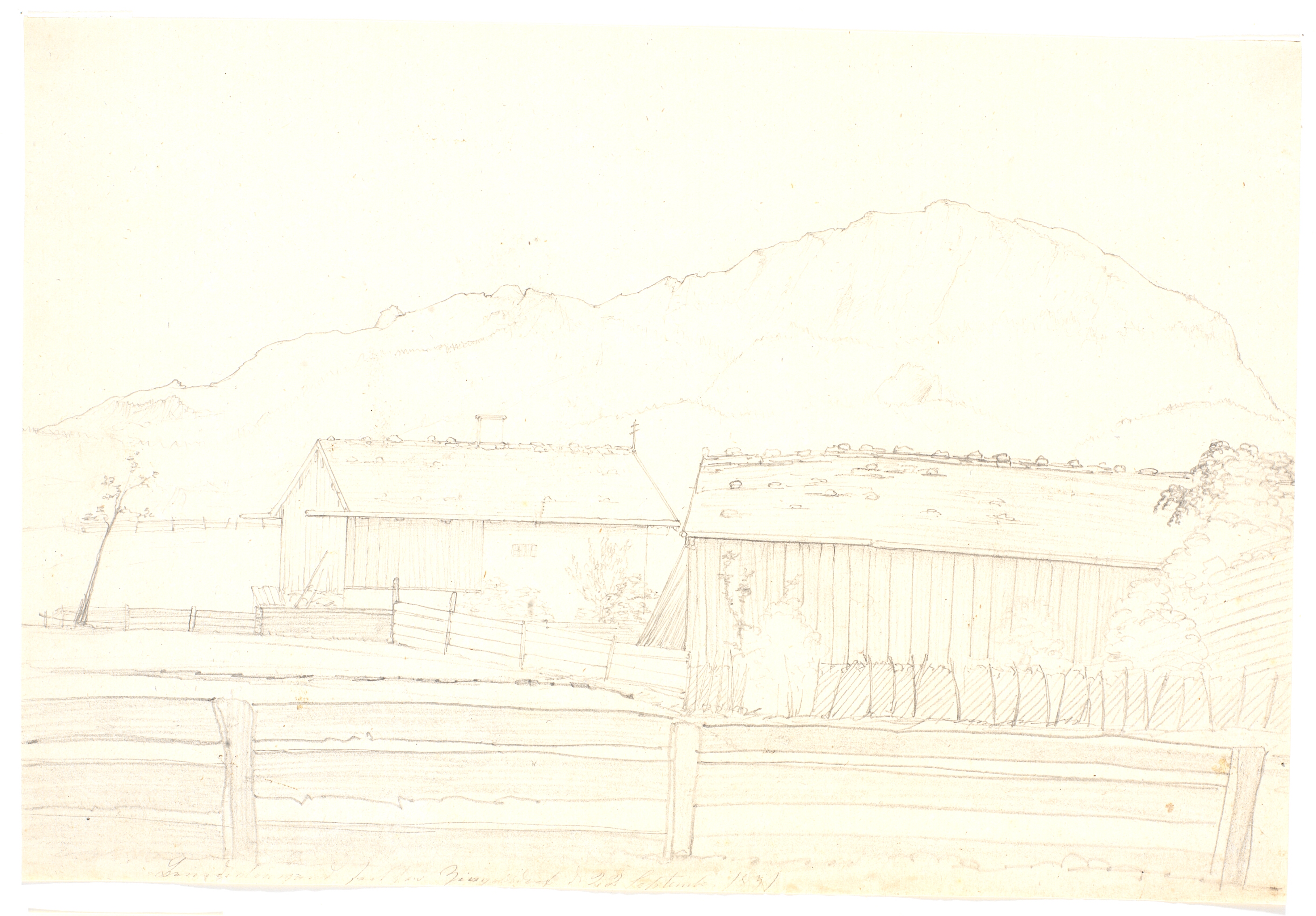 Træhuse med bjerge i baggrunden