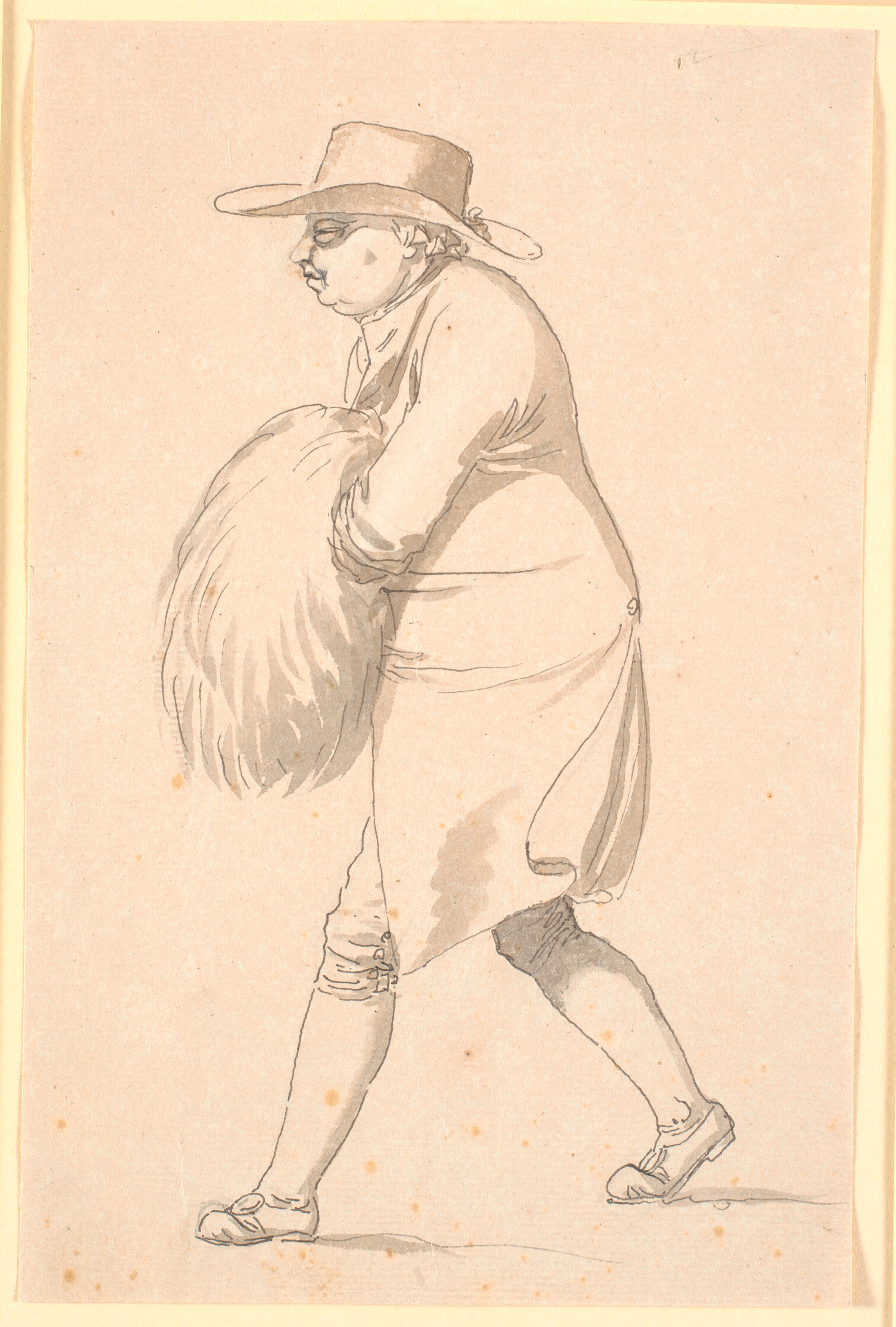 Karikatur, muligvis af professor Münter, gående mod venstre, med hænderne i en muffe