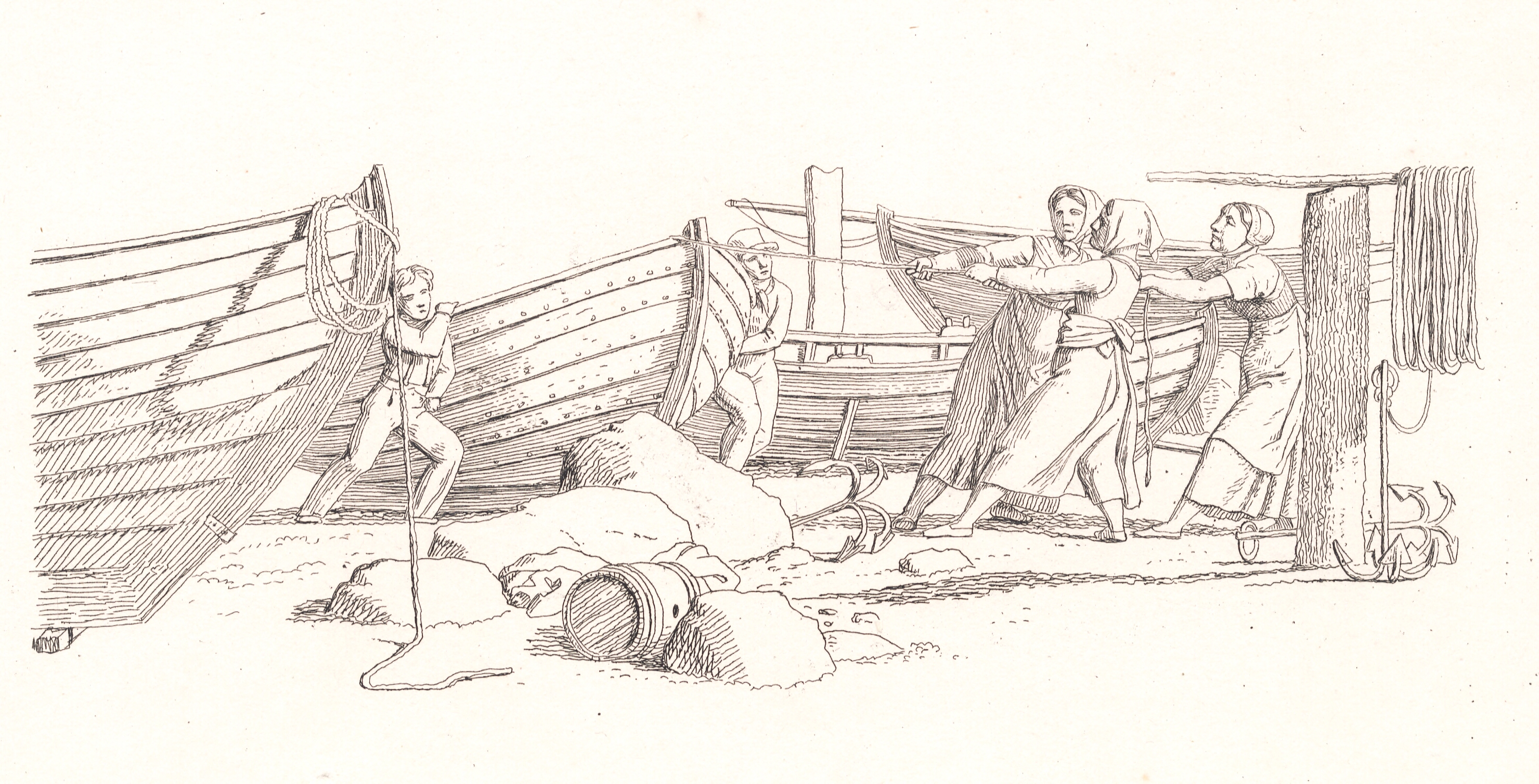 Parti ved et fiskerleje. Både hales på land