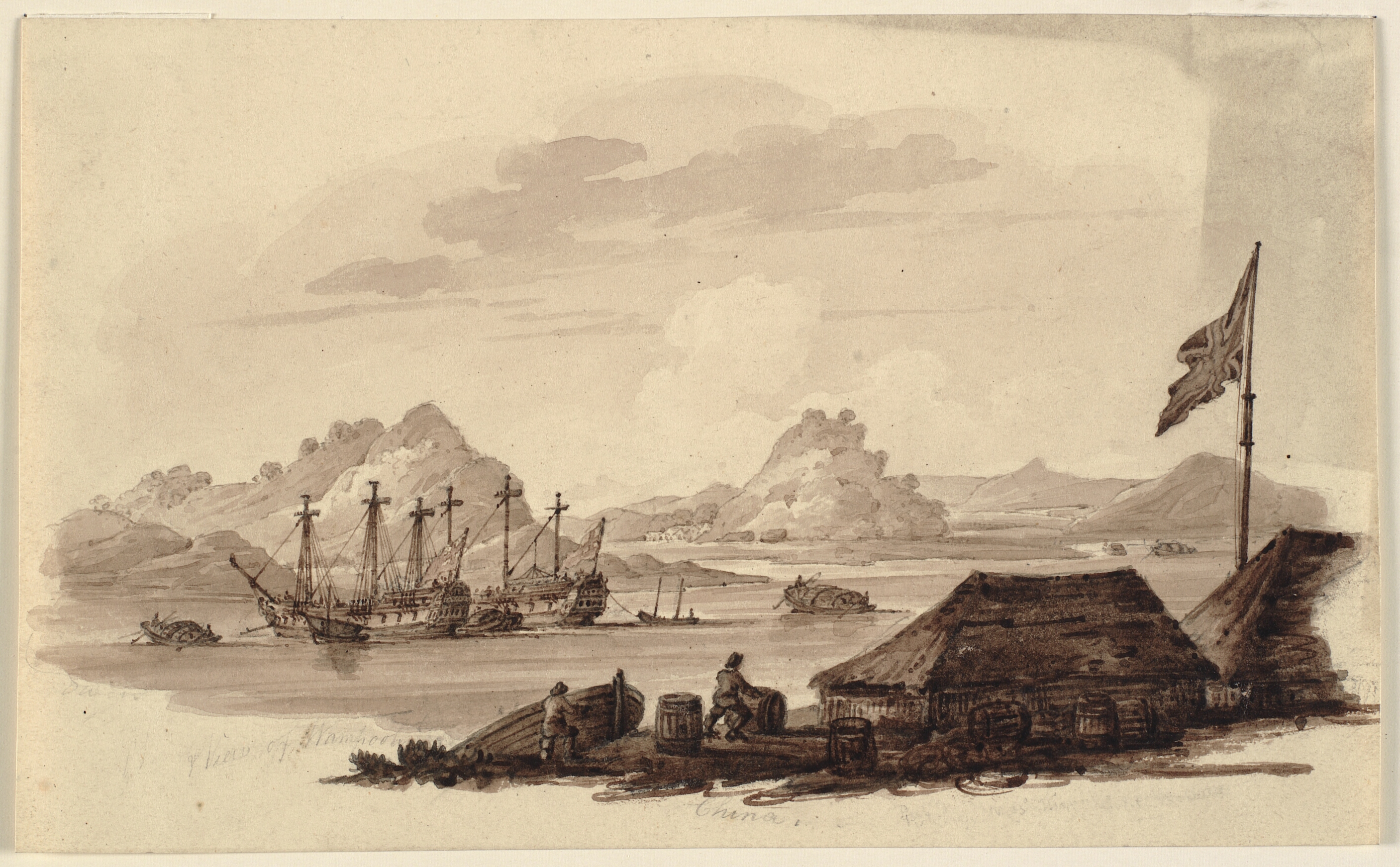 Engelske krigsskibe og Tanka 'egg-boats' i Whampoa, Canton, en dybhavsred ved den kinessiske kyst