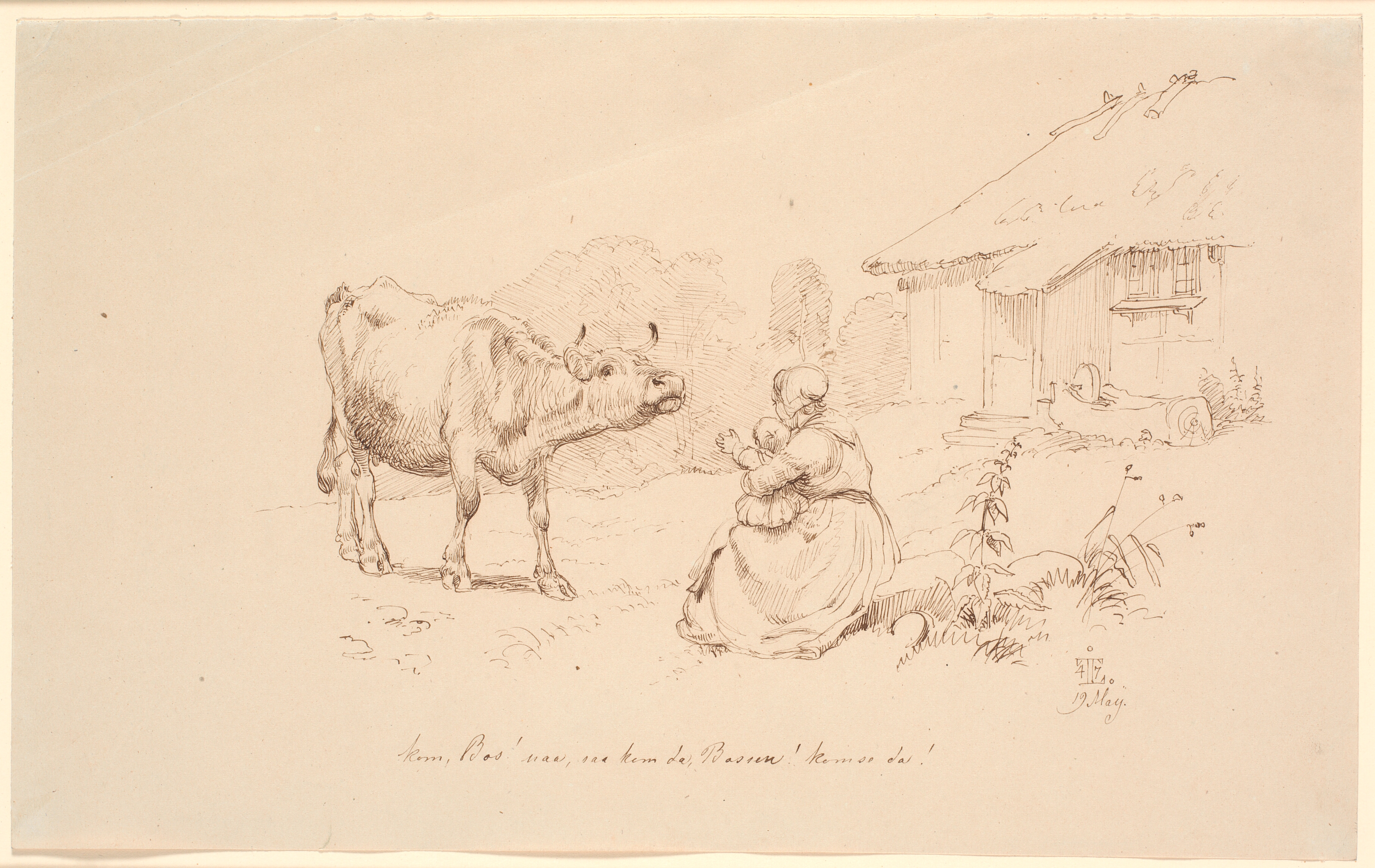 Kom Bos!. Udenfor et boelsted sidder en kone med et barn, der rækker hen imod en ko