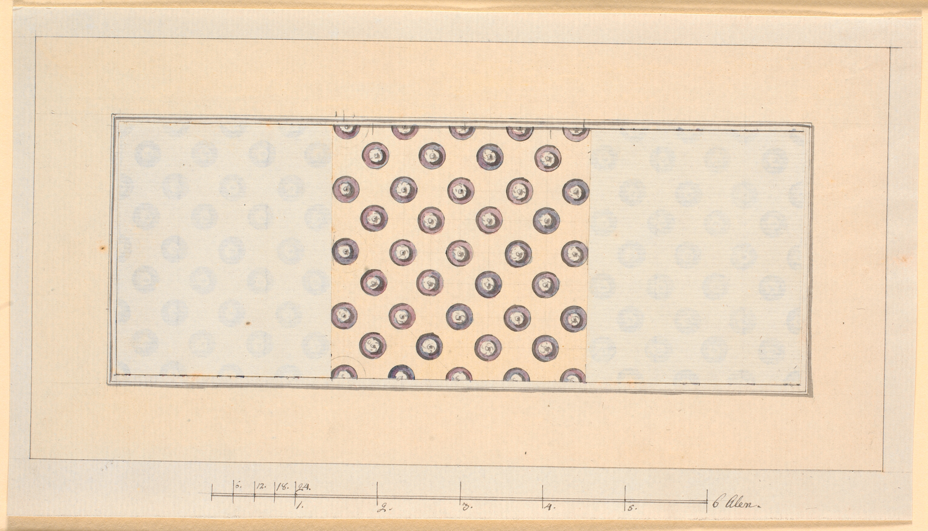 Udkast til loft med cirkelrunde kassetter med violet bundtone