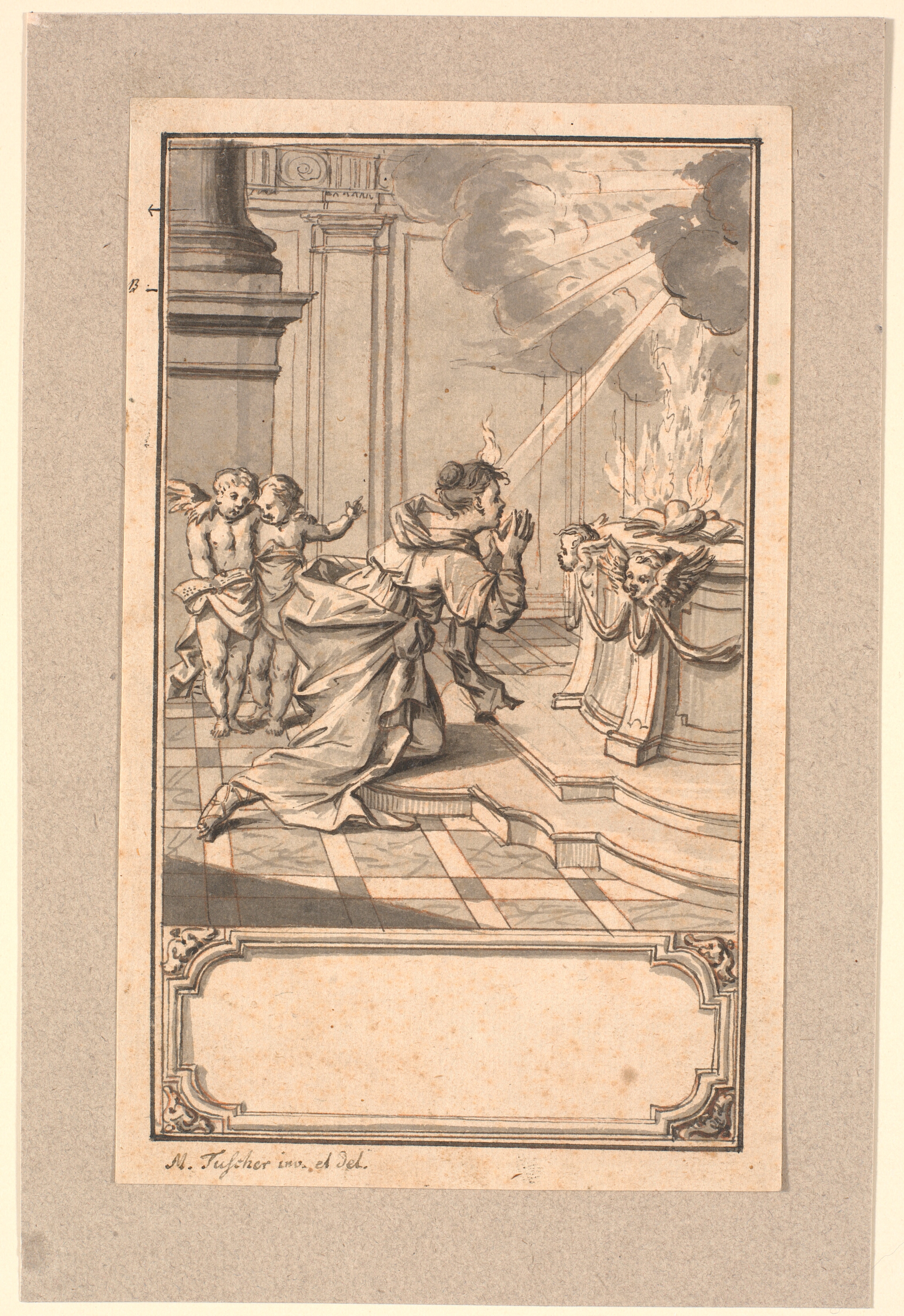 En kvinde knæler foran et alter, hvorpå et brændende hjerte