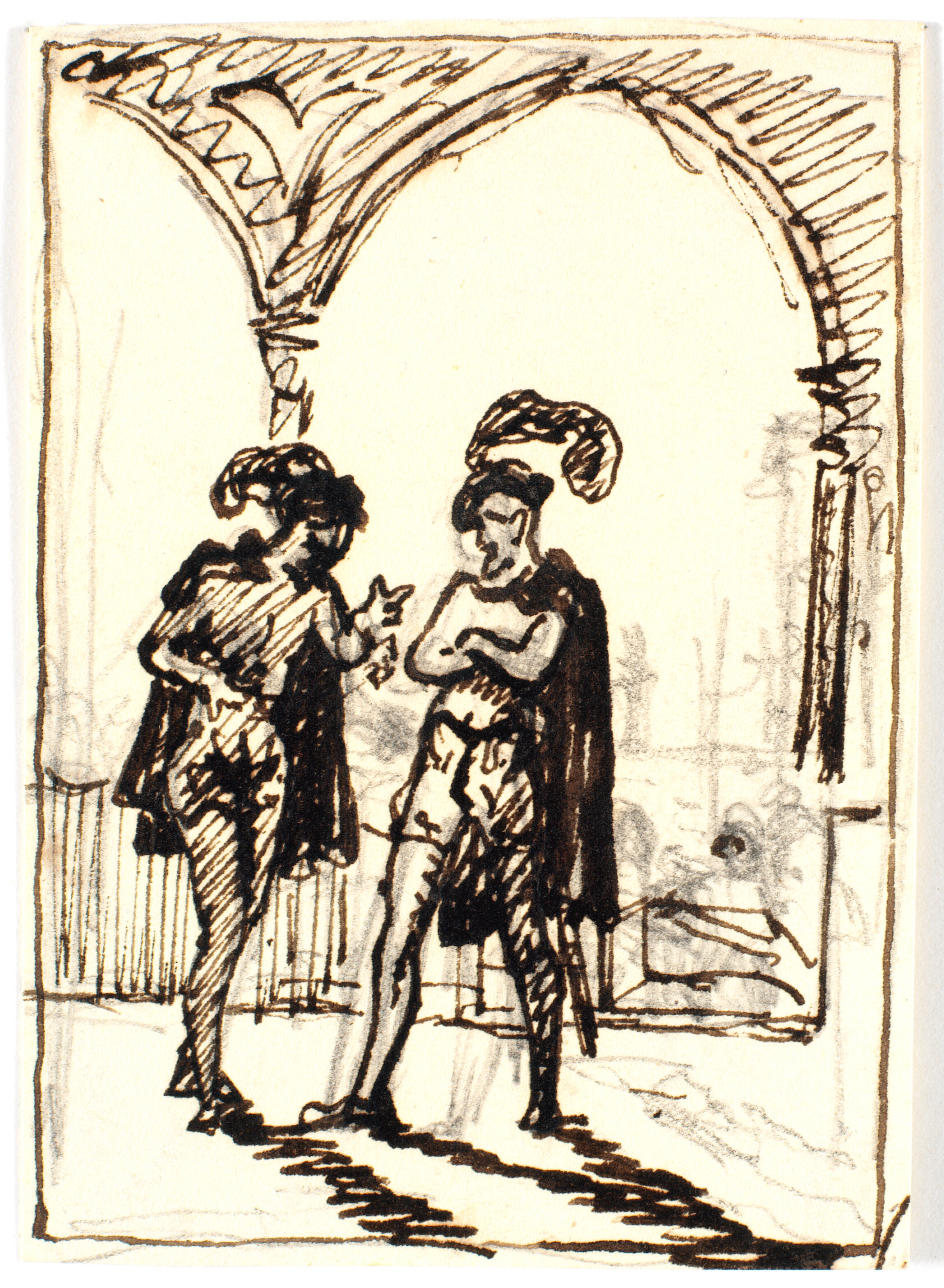 Middelalderlig scene med to kappeklædte mænd og fjerprydede baretter