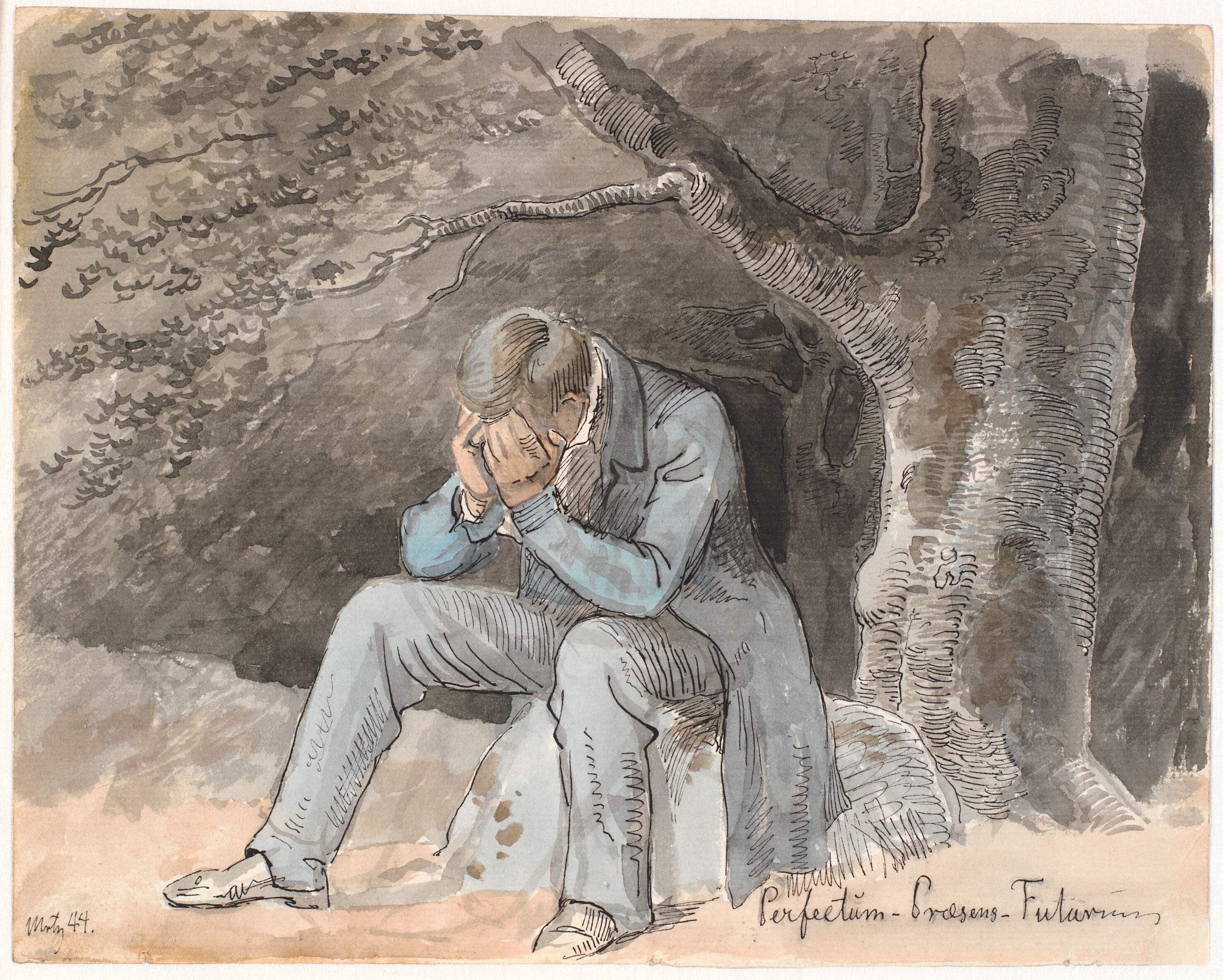 "Perfectum - Præsens - Futurum". Ung mand siddende under et træ på en sten med hænderne for ansigtet