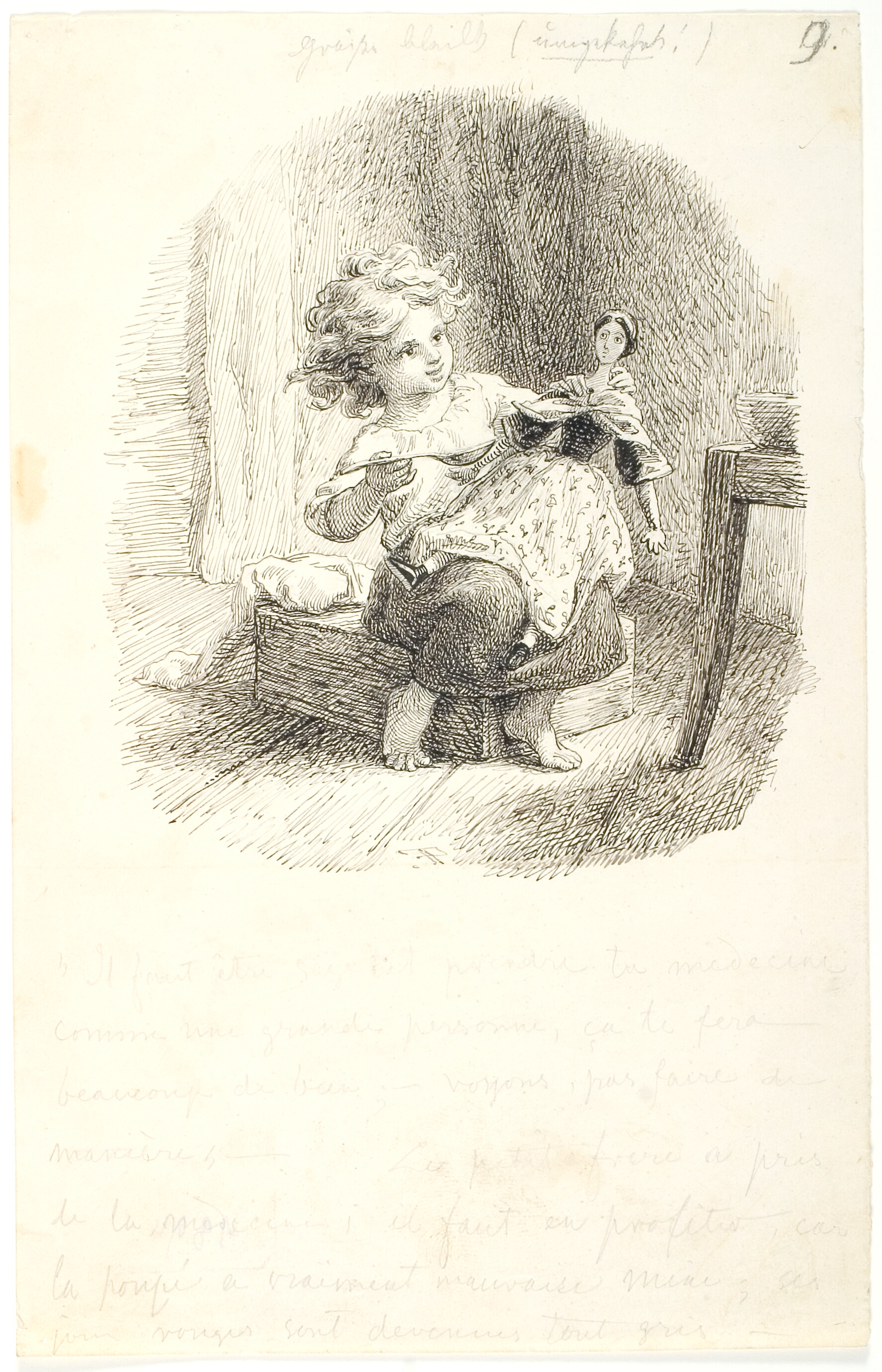 Lille pige giver sin dukke medicin