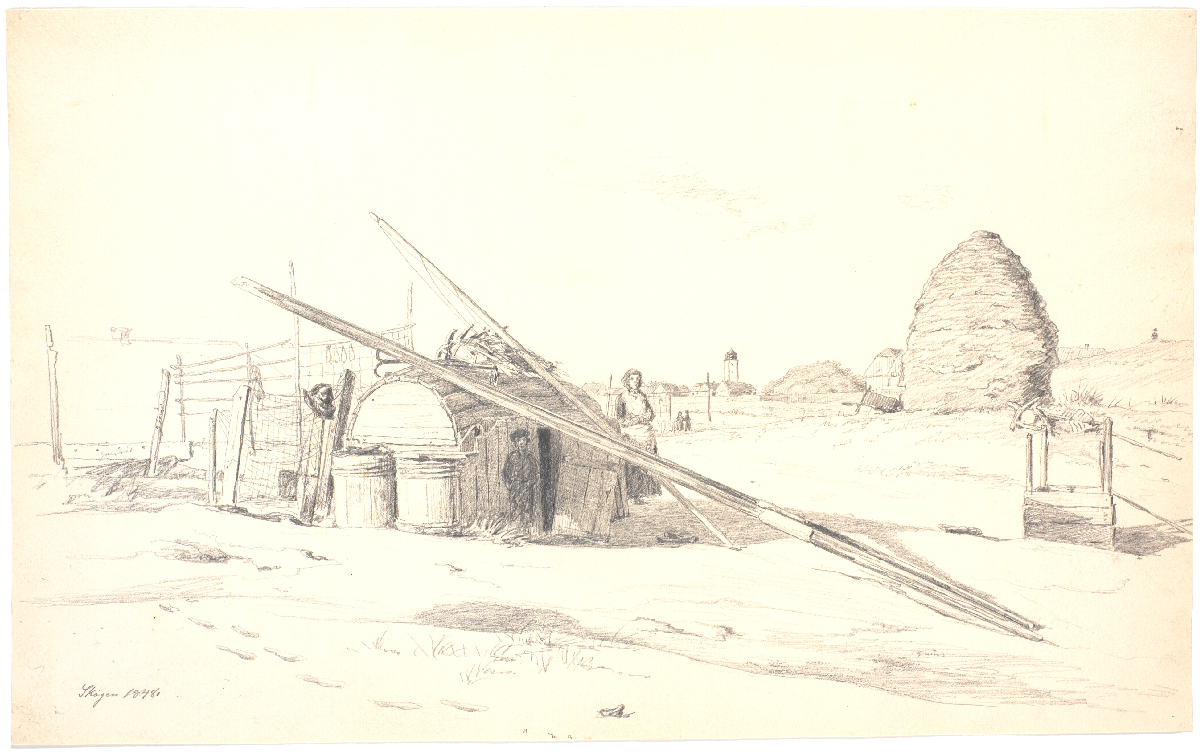 Fiskerskur på Skagen Østerby, med det hvide fyr i baggrunden