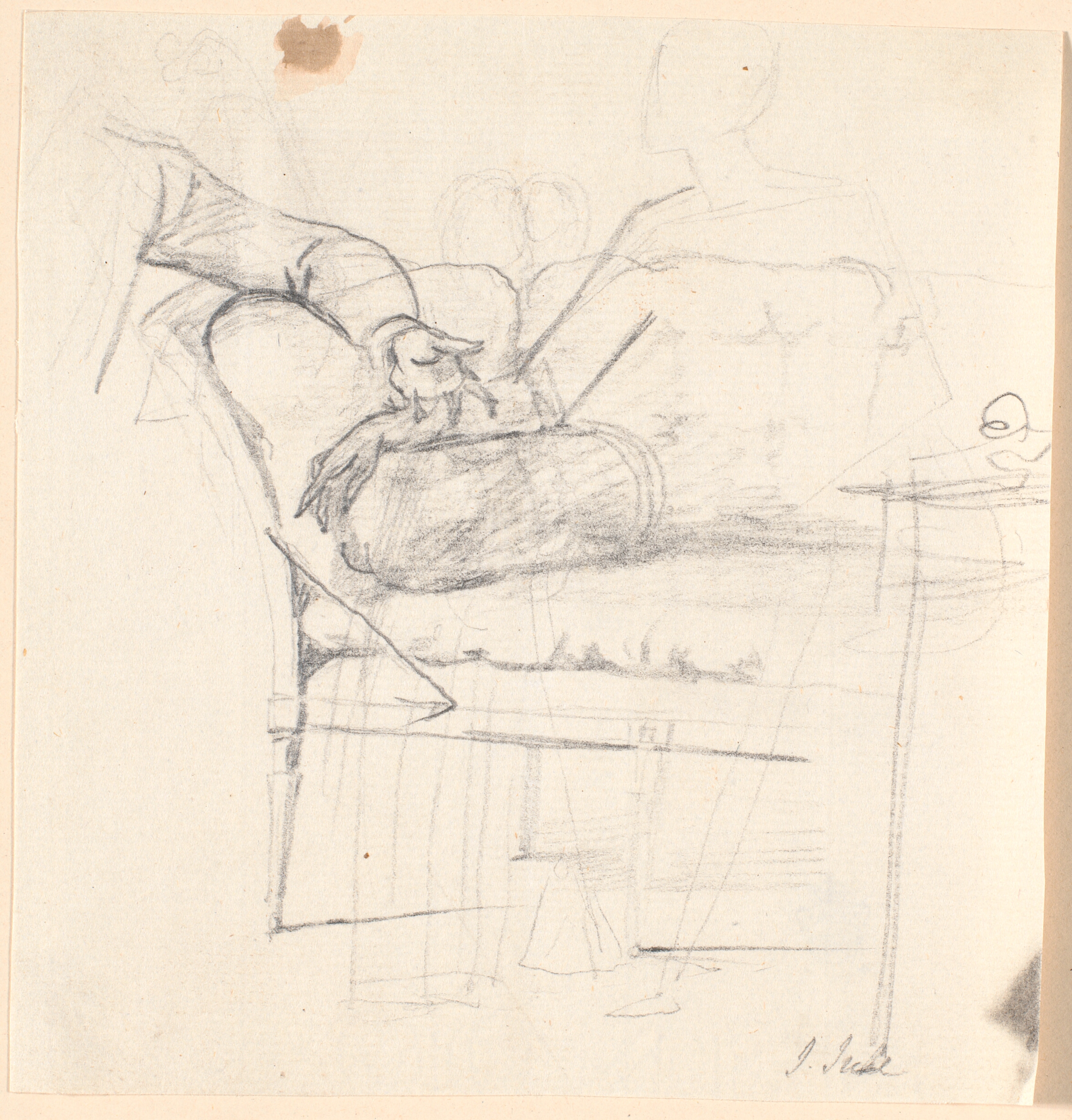 Studie til det Holmskioldske familiebillede fra 1787: sofaen med bordet til højre, og alle tre figurers placering skitseret