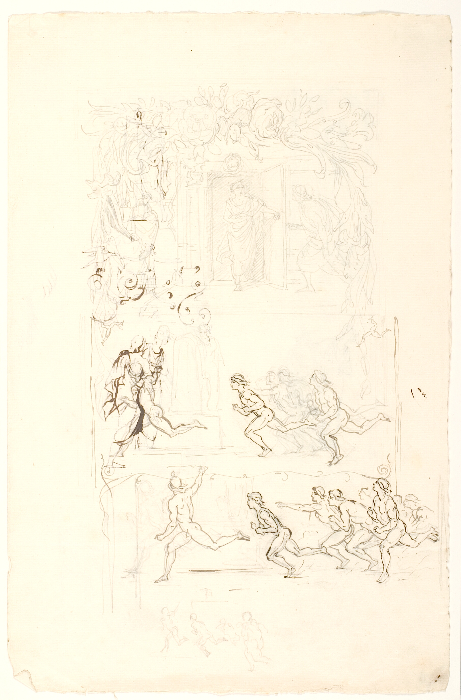 Skitser. F.o.: Kvinde i dør. F.n.: Løbende mænd