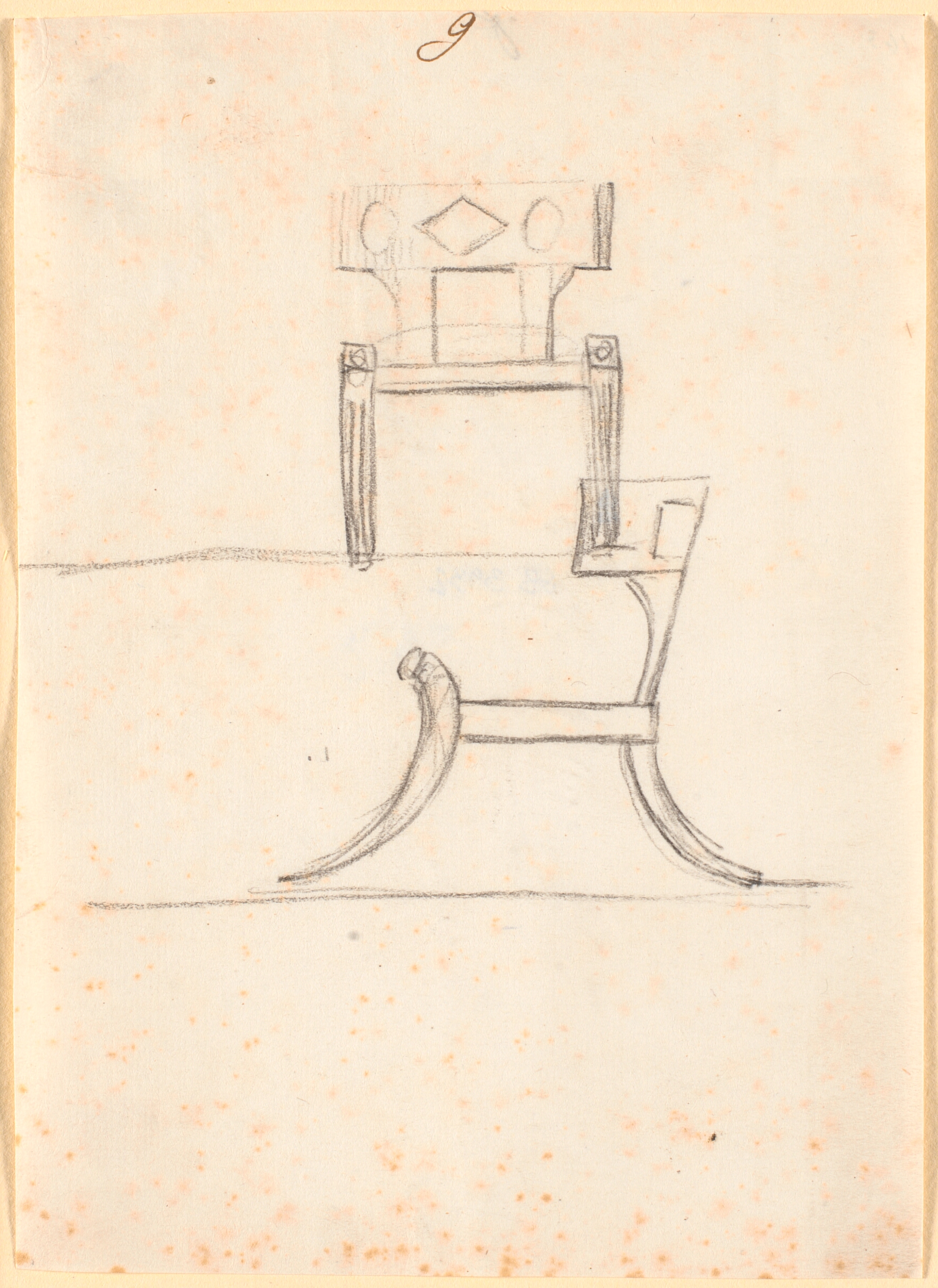 En lænestol med stærkt krummede ben, set forfra og fra siden