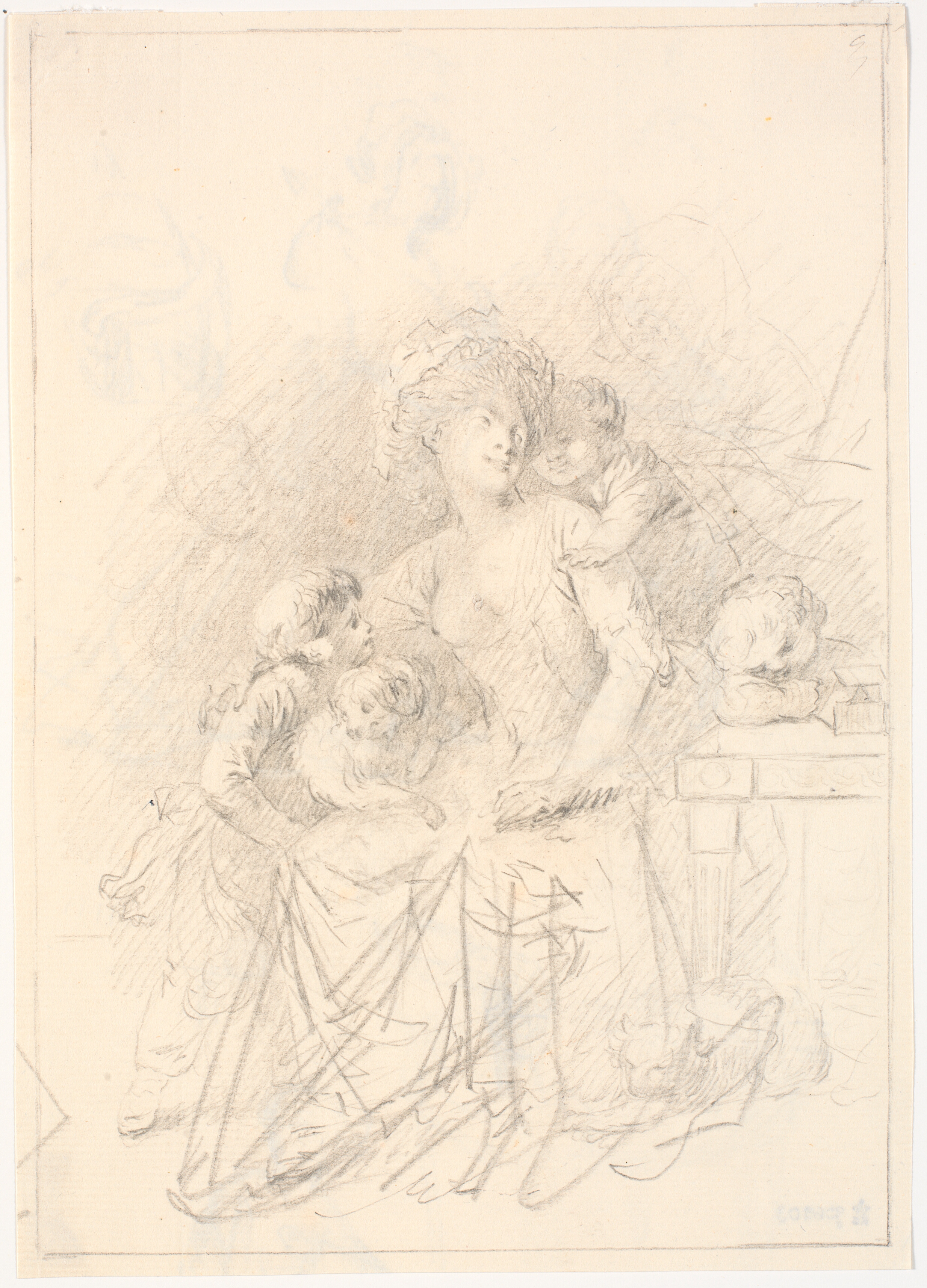 Siddende dame med tre børn, en hund og en kat