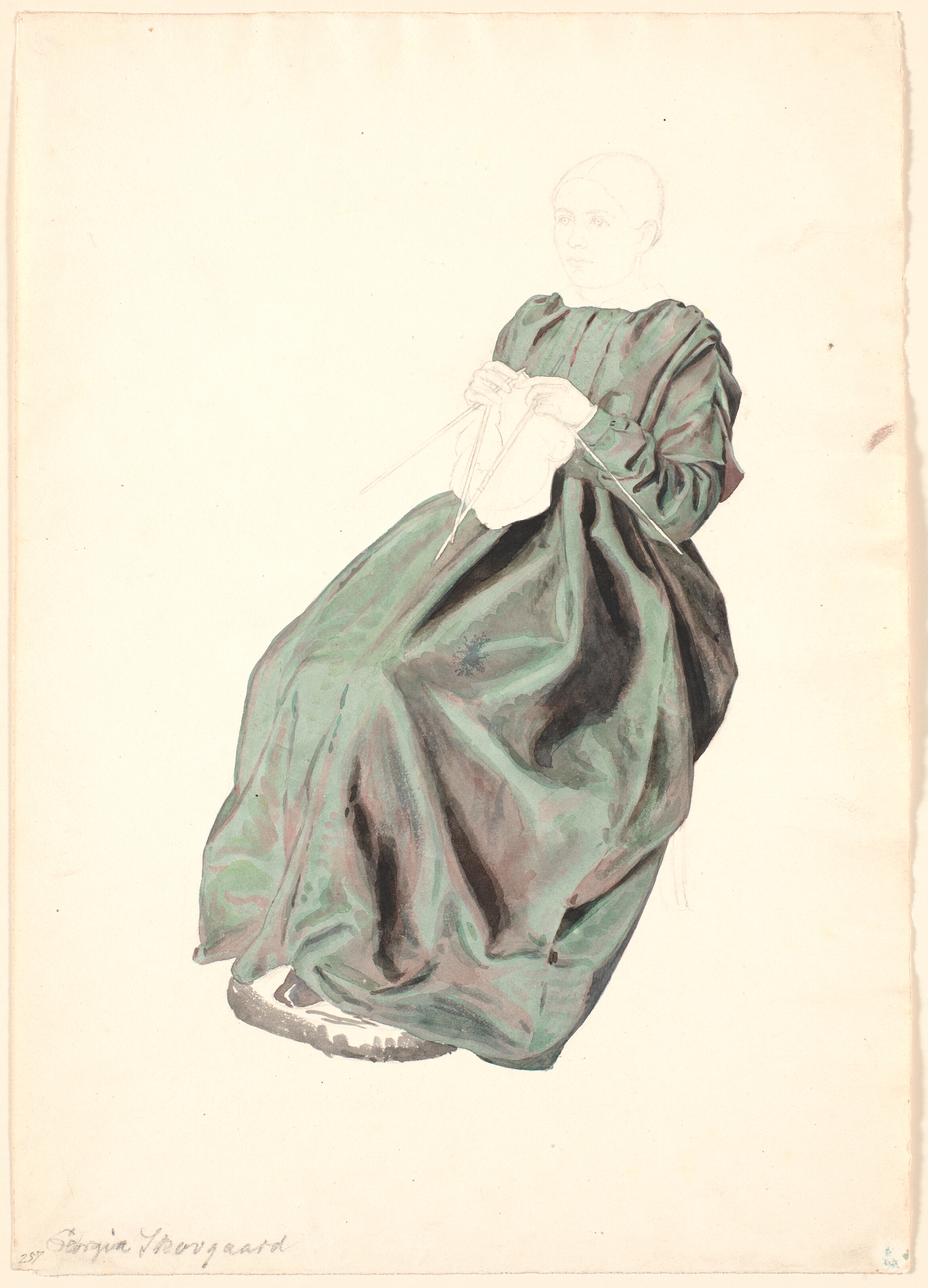 Kunstnerens hustru, siddende med sit strikketøj, i grøn changerende kjole, ansigt og hænder kun skitseret med blyant.