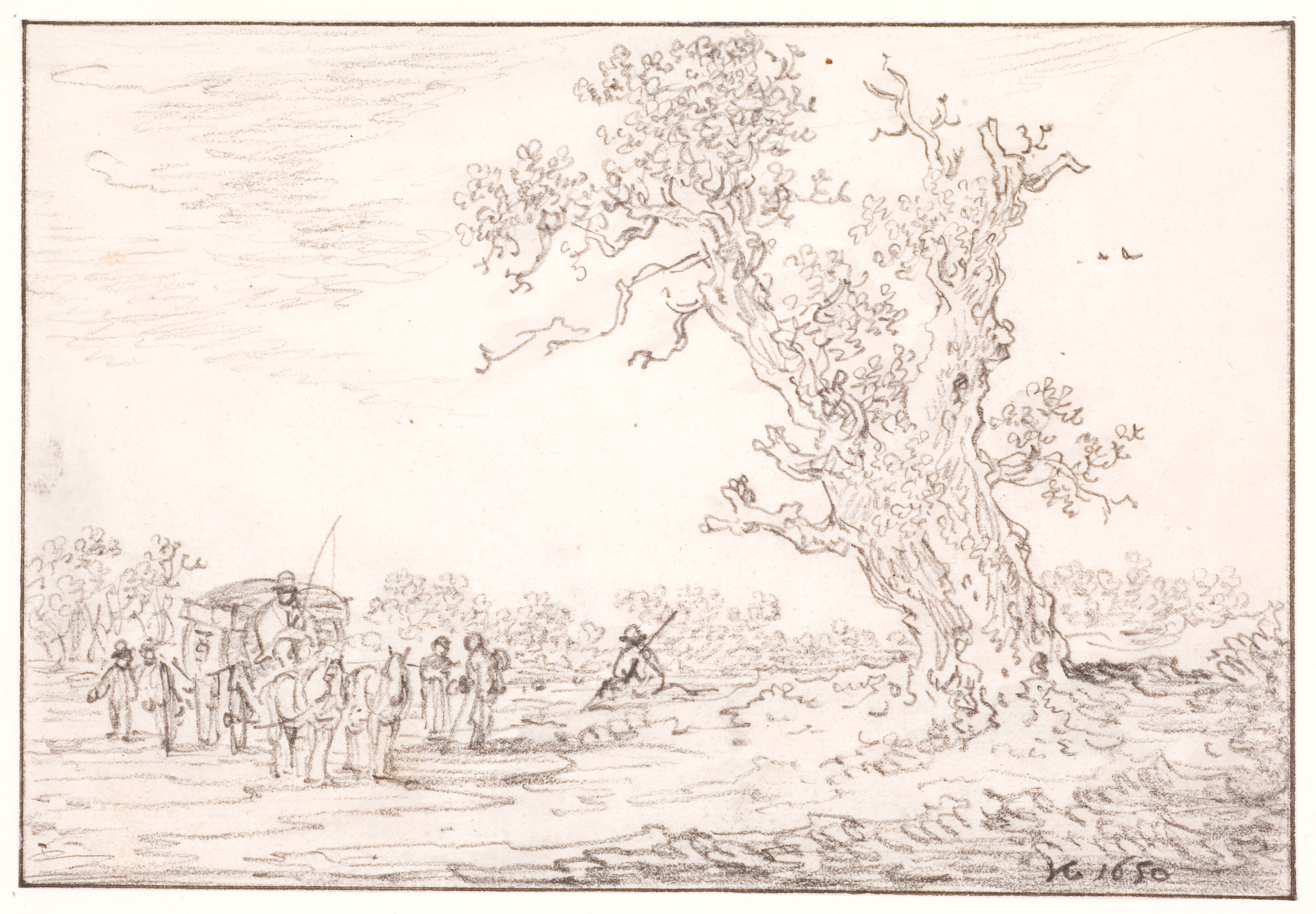 Landskab med tospænder og stor gammel eg