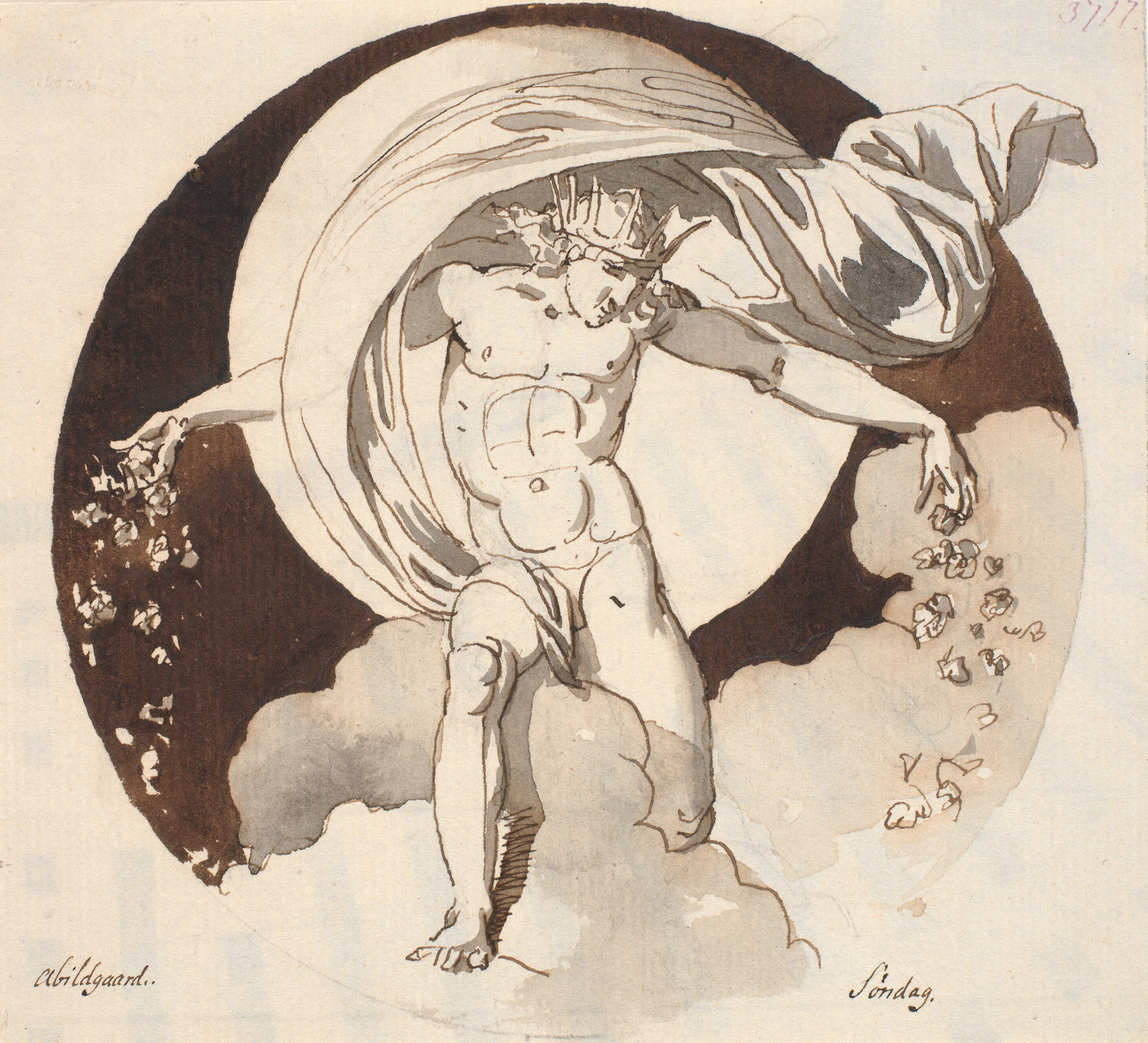 Søndag. En kronet nøgen gud, udstrør blomster med begge hænder