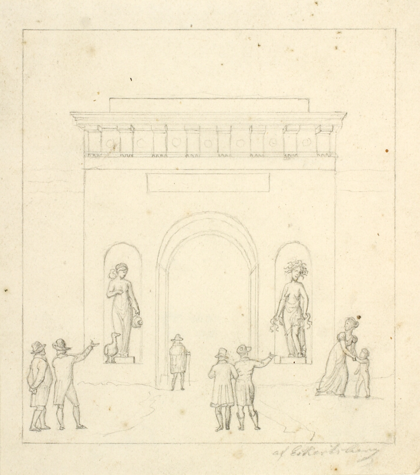 En triumfbue i forgrunden staffagefigurer