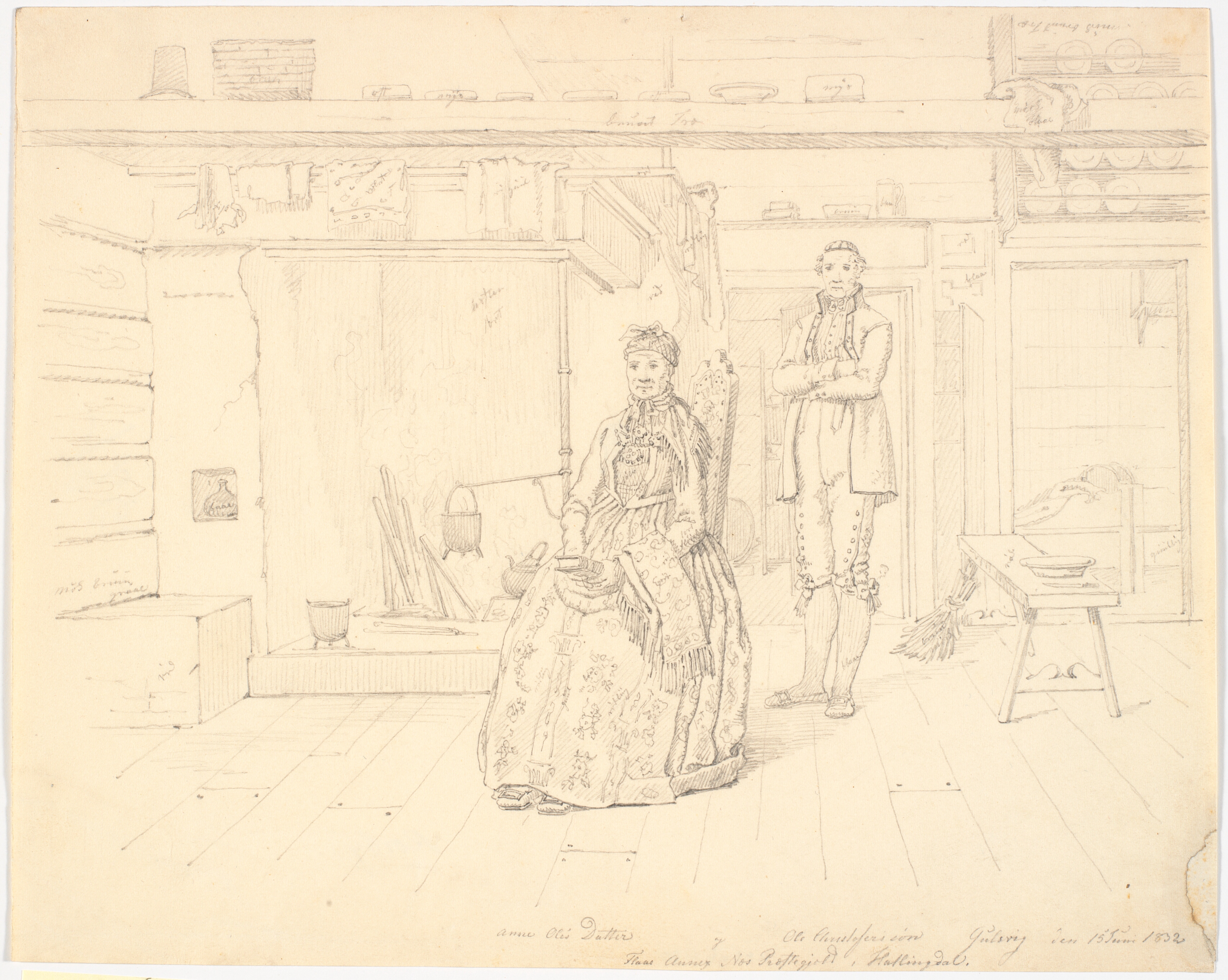 Norsk bondestue med "Anne Oles Datter og Ole Christofersøn Gulsvig"