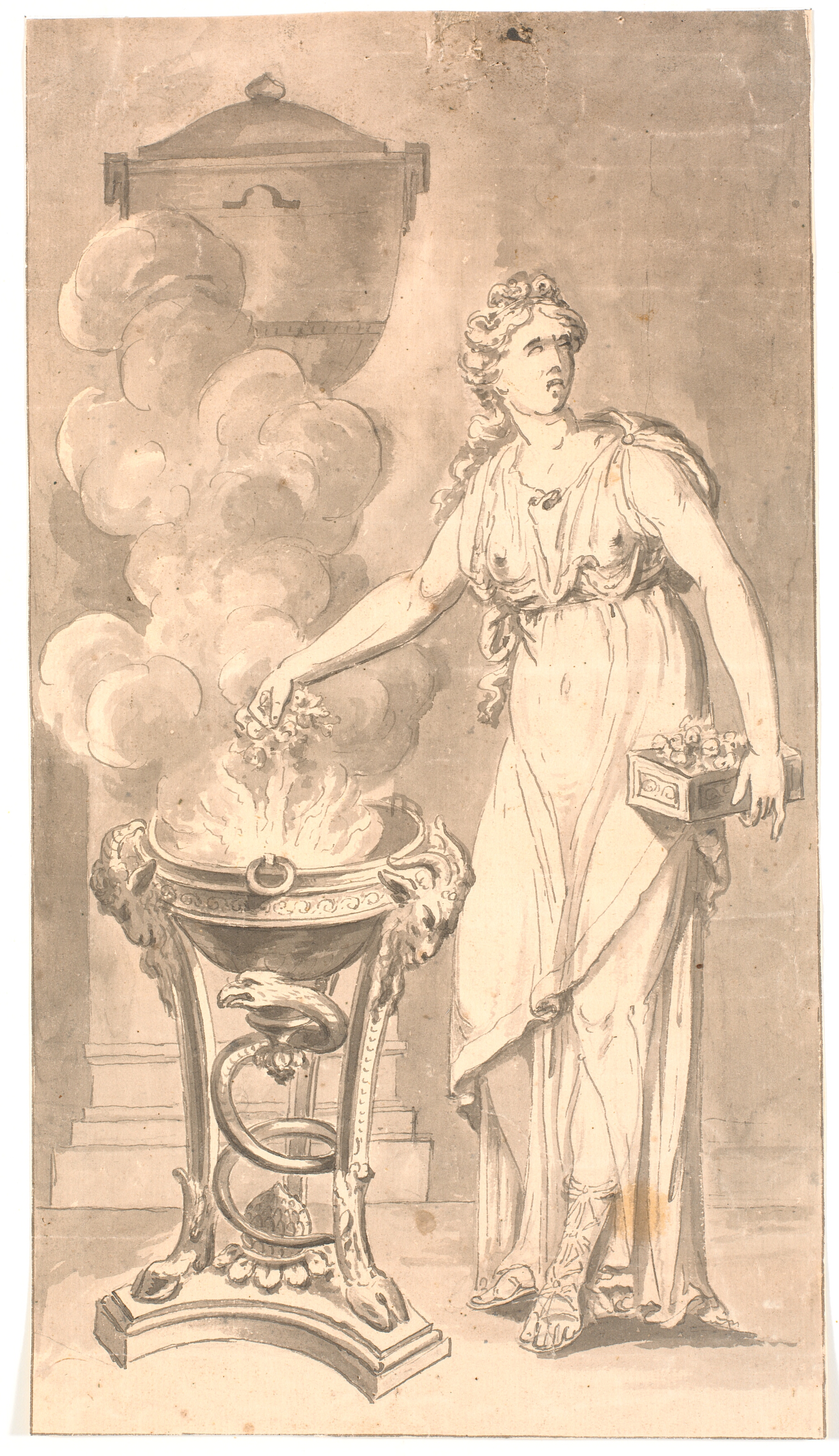 Kvinde i klassisk dragt ofrer blomster i offerskål med ild