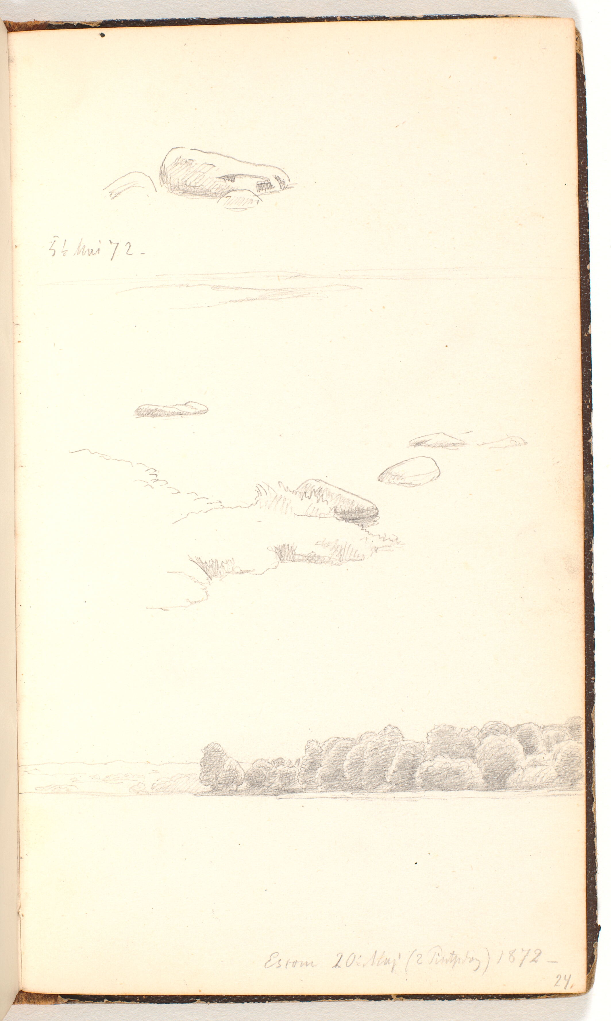 Nogle sten, en søbred med sten samt skoven set fra Esrom sø