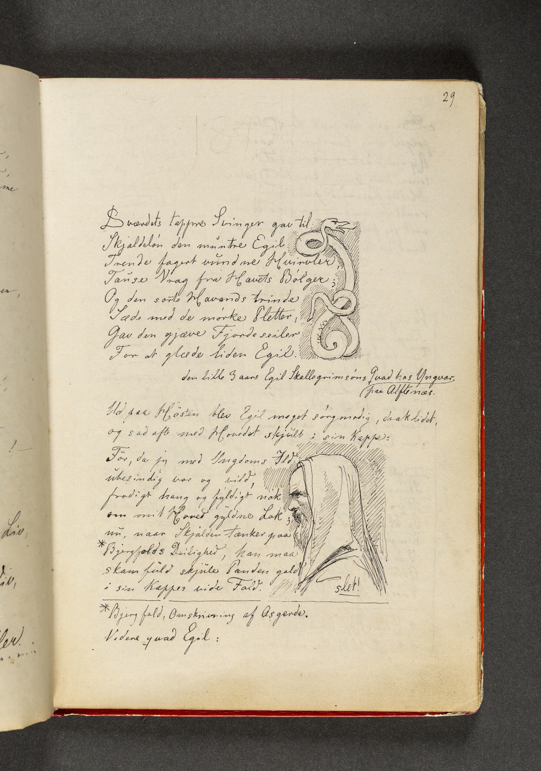 En slange der er snoet som et vikingeornament. Mandsprofil samt vers. Side 29