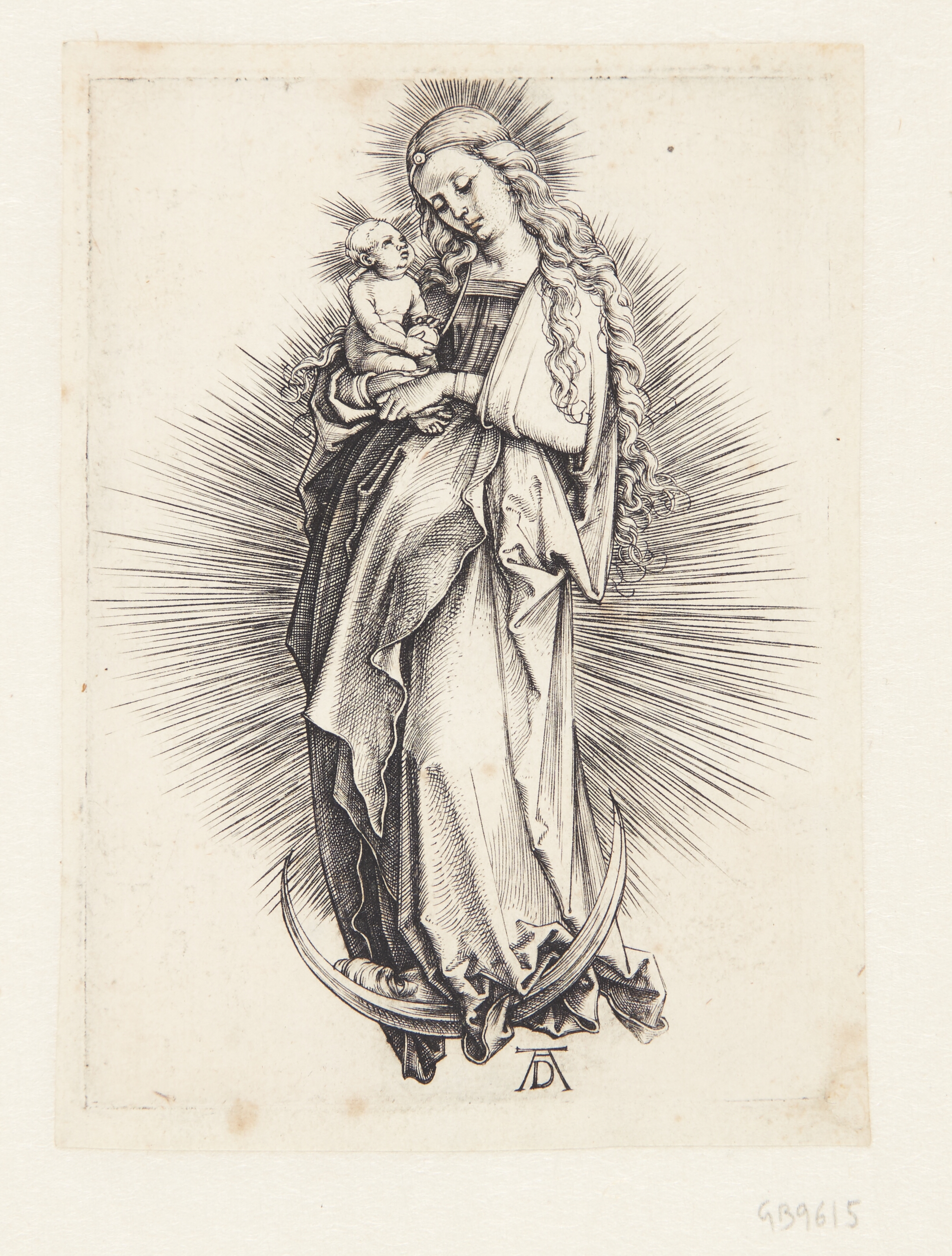 Madonna stående på seglmåne (langhåret, barhovedet, vendt mod venstre)