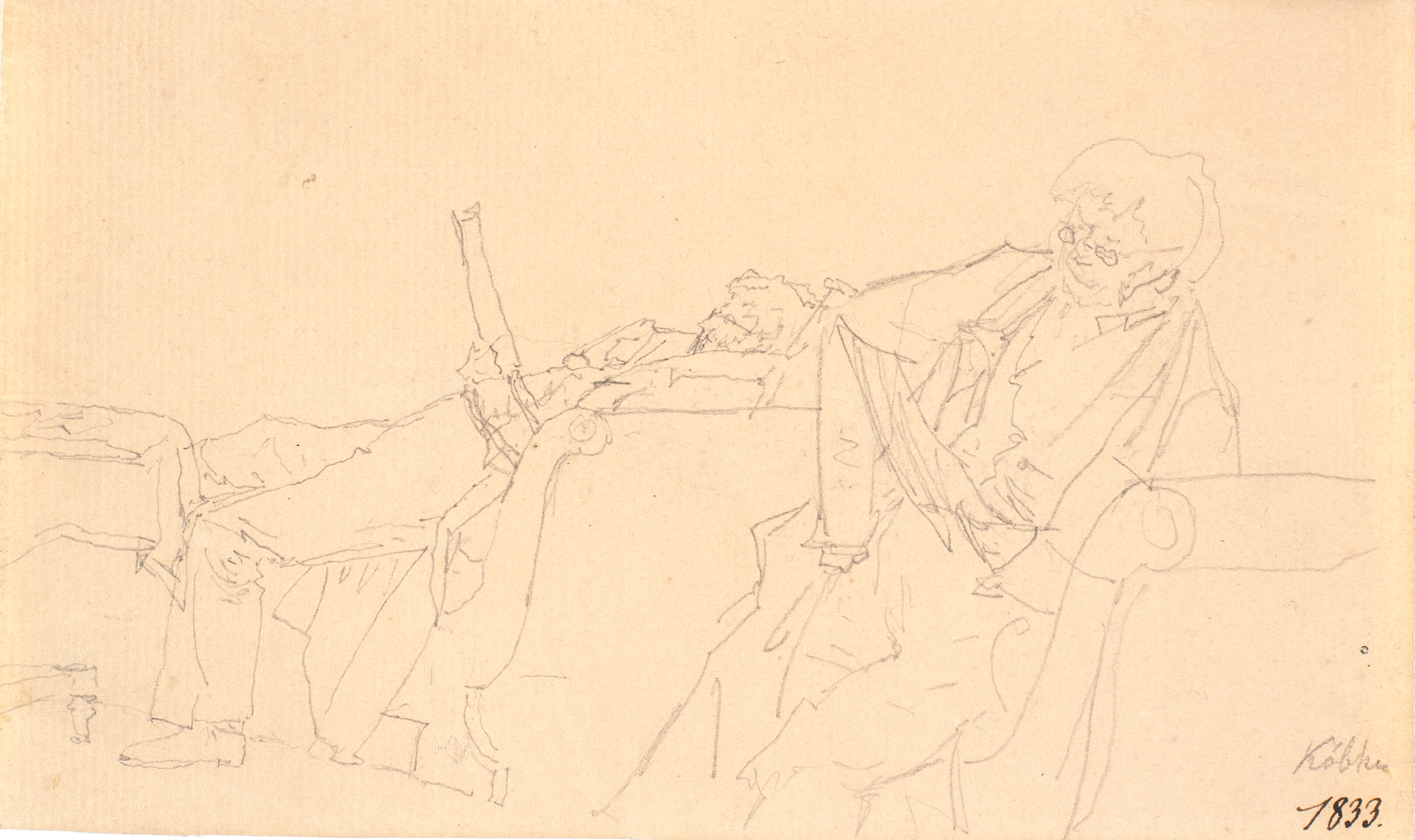 Bagermester Købke siddende i en sofa, læsende. To forskellige udkast