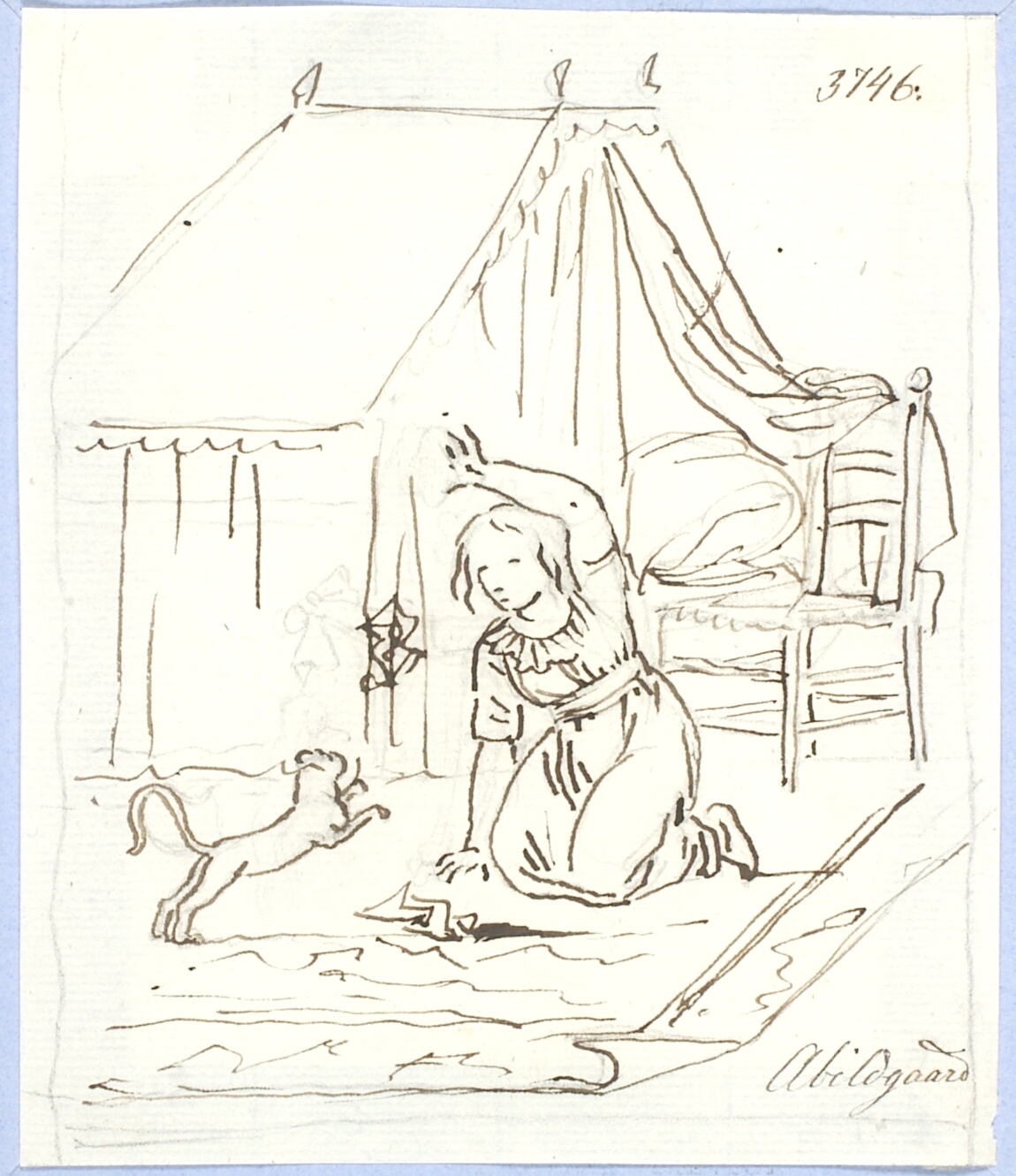 Et barn leger med en kat foran en himmelseng