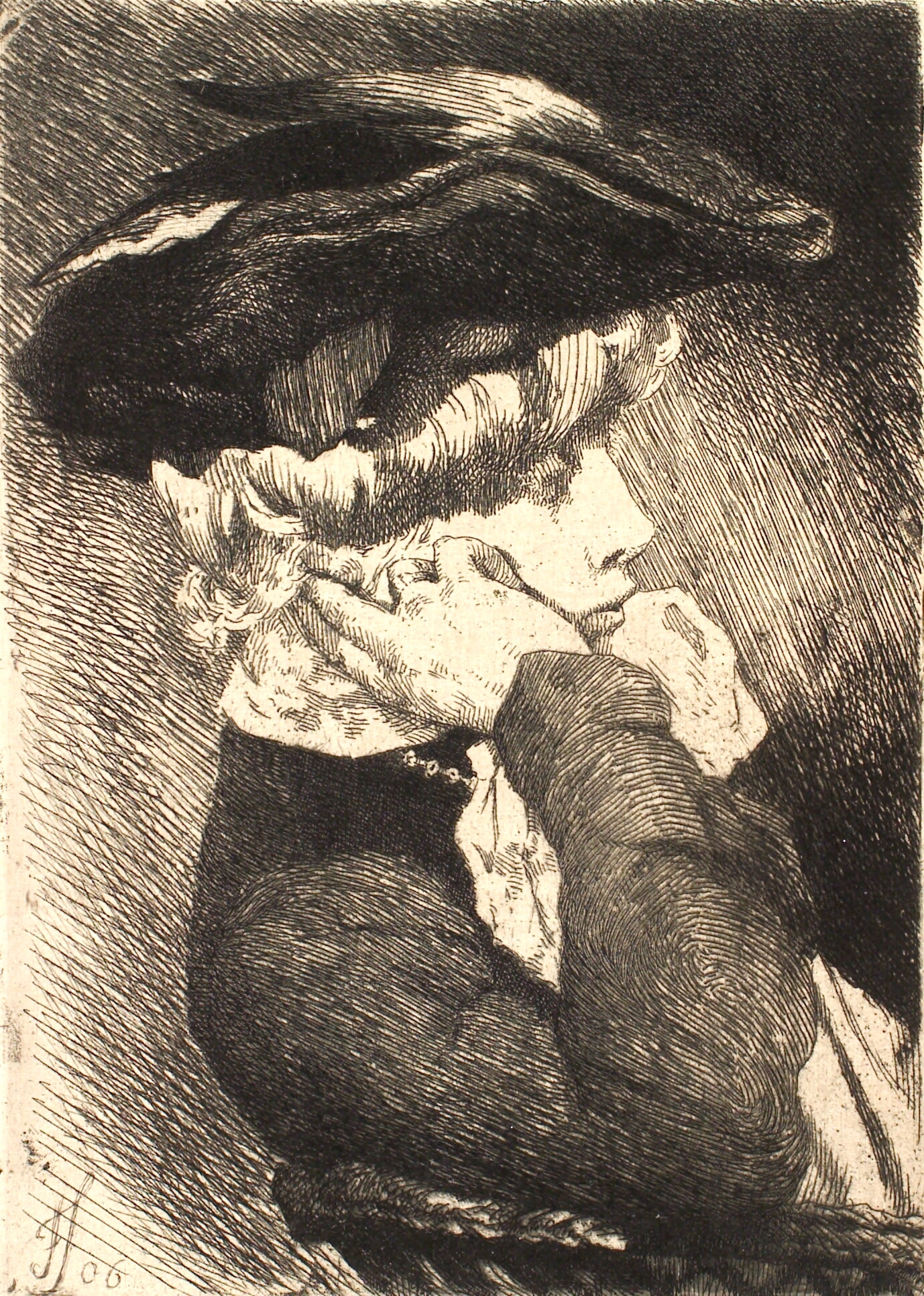 Brystbillede af en siddende ung dame med hat, skarp profil