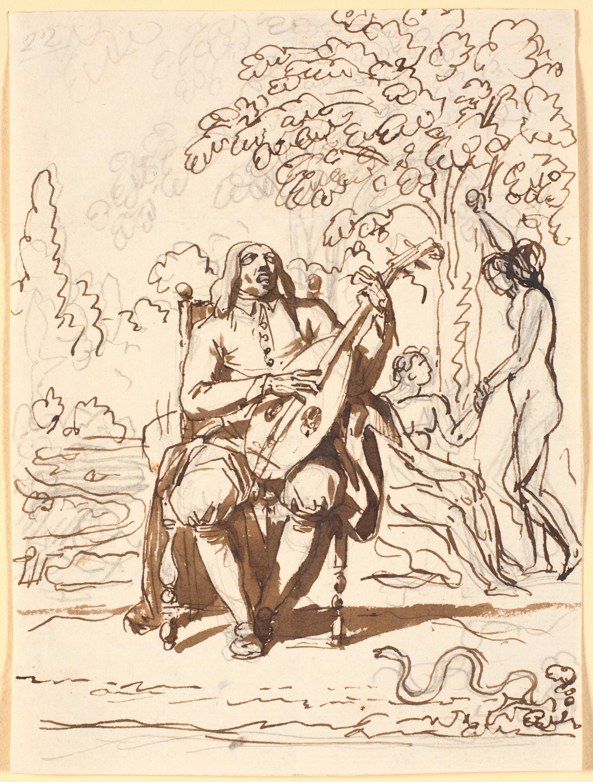 Milton, siddende med en lut, set en face, i baggrunden syndefaldet