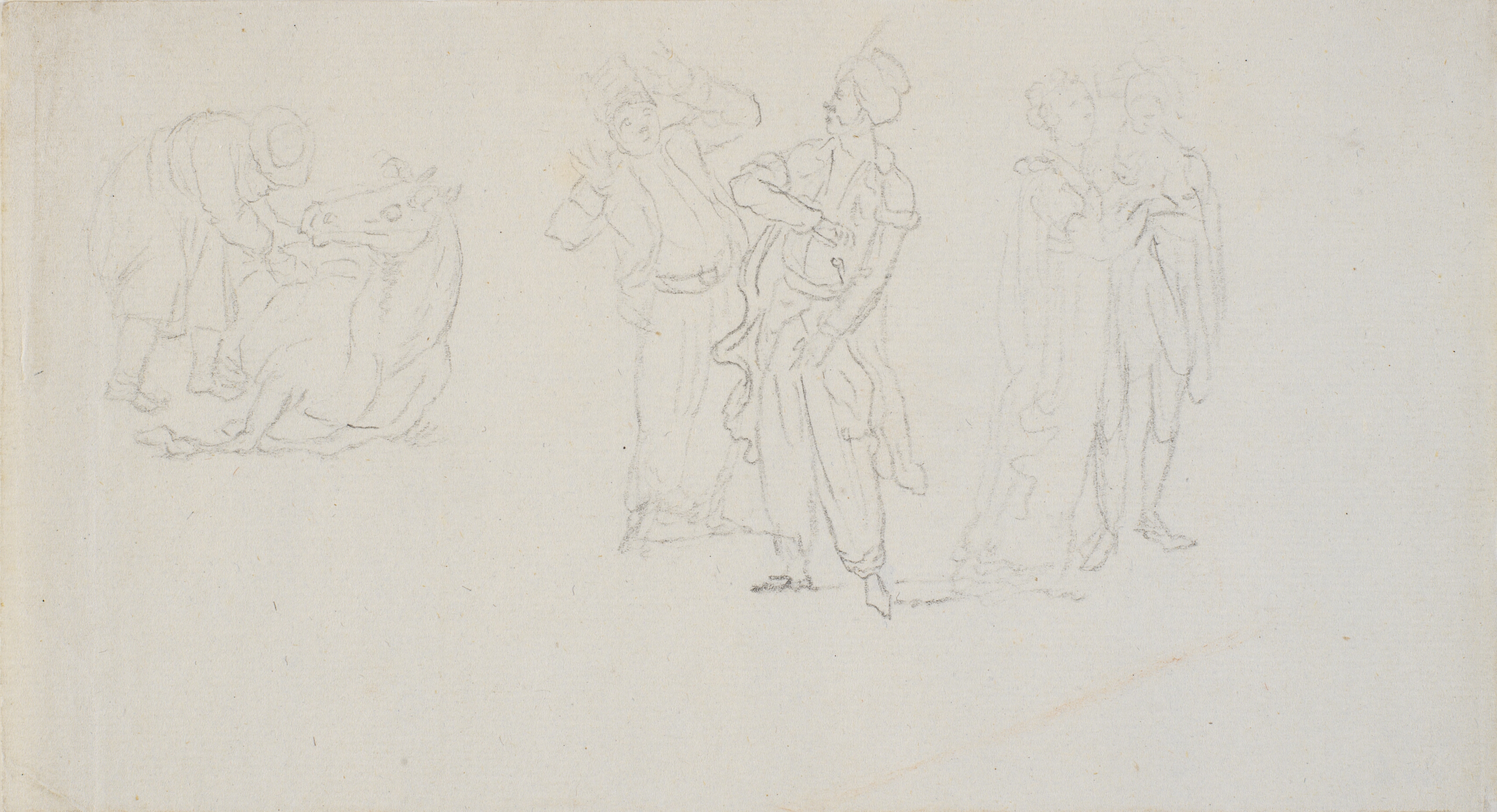 Tre figurgrupper: Mand og liggende hest. To orientalere. To kvinder