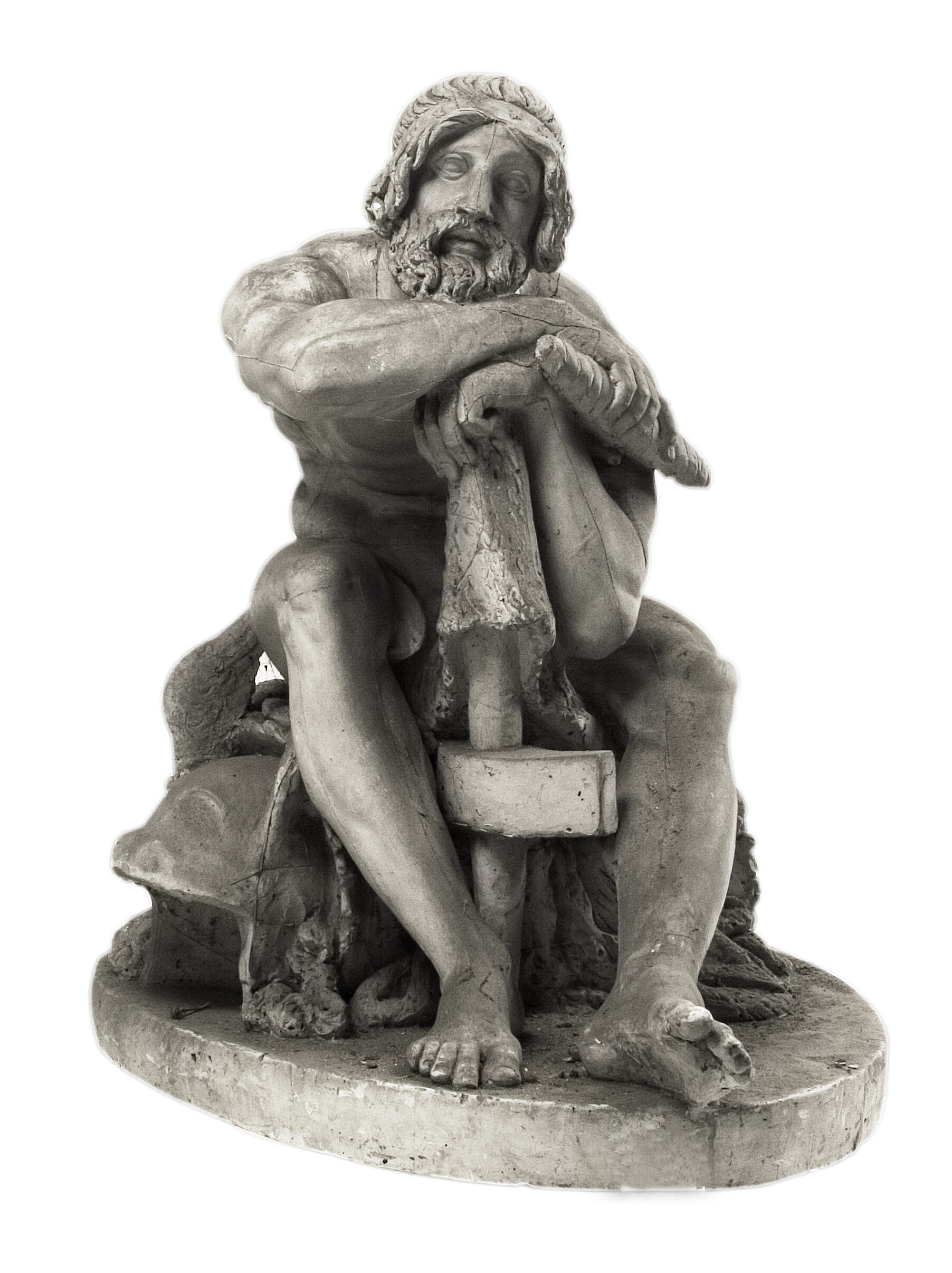 Thor, siddende, støttet til sin hammer