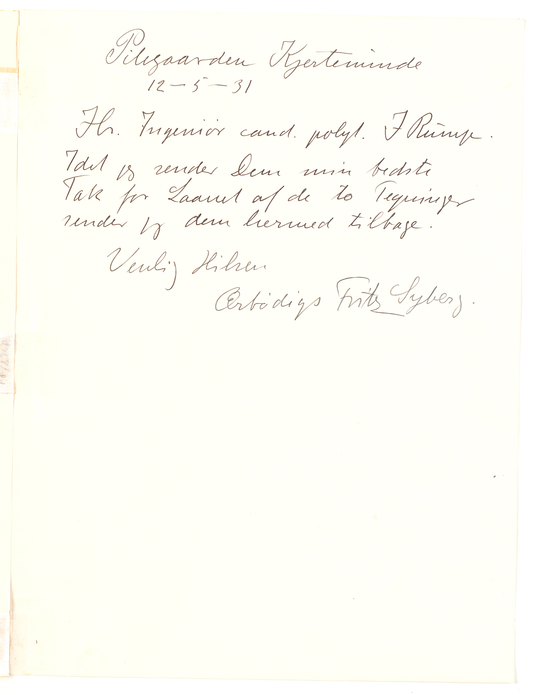 Brev fra Syberg til Ingeniør J. Rump