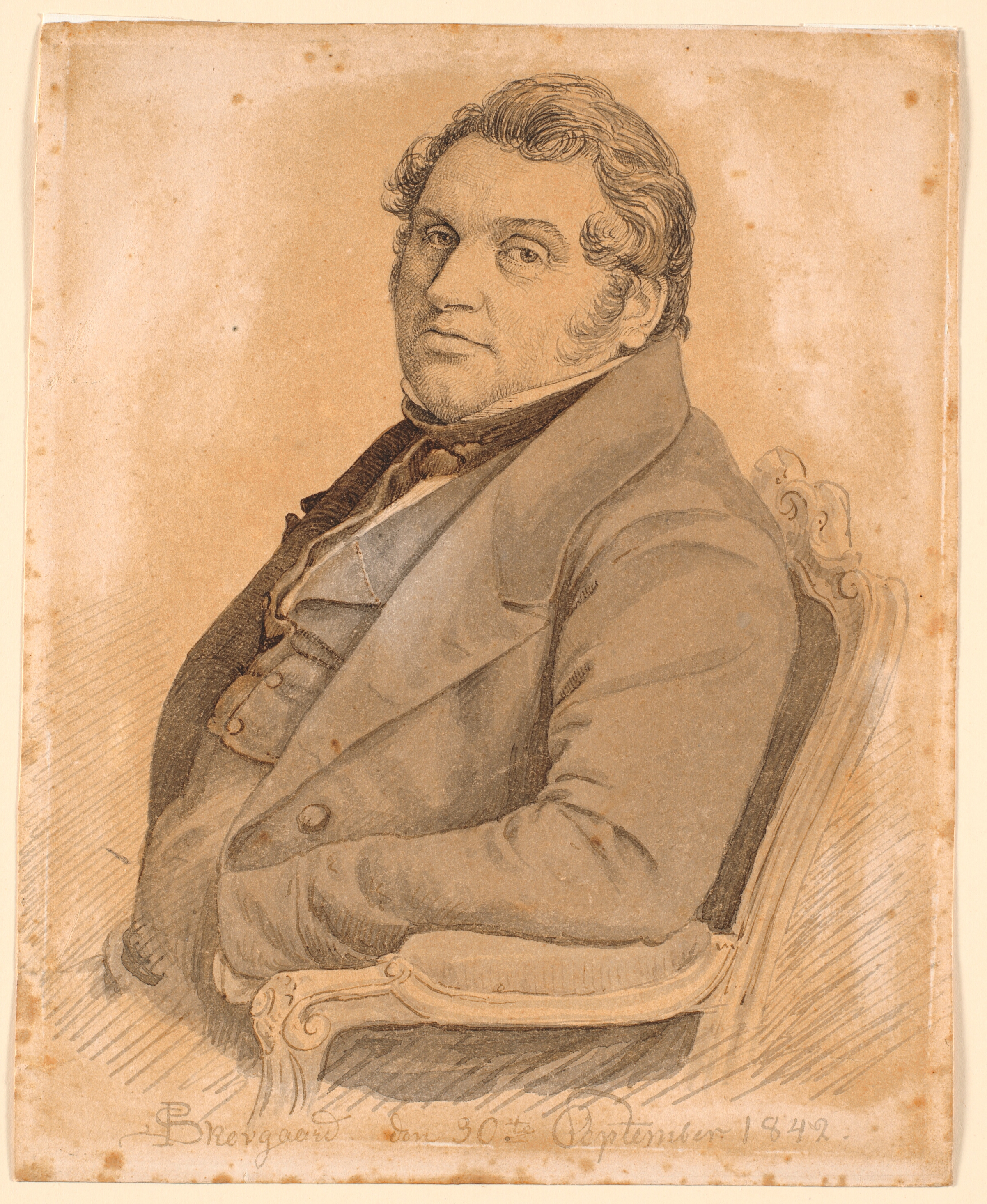 Portræt af en siddende, korpulent mand i halvfigur, trekvart profil mod venstre