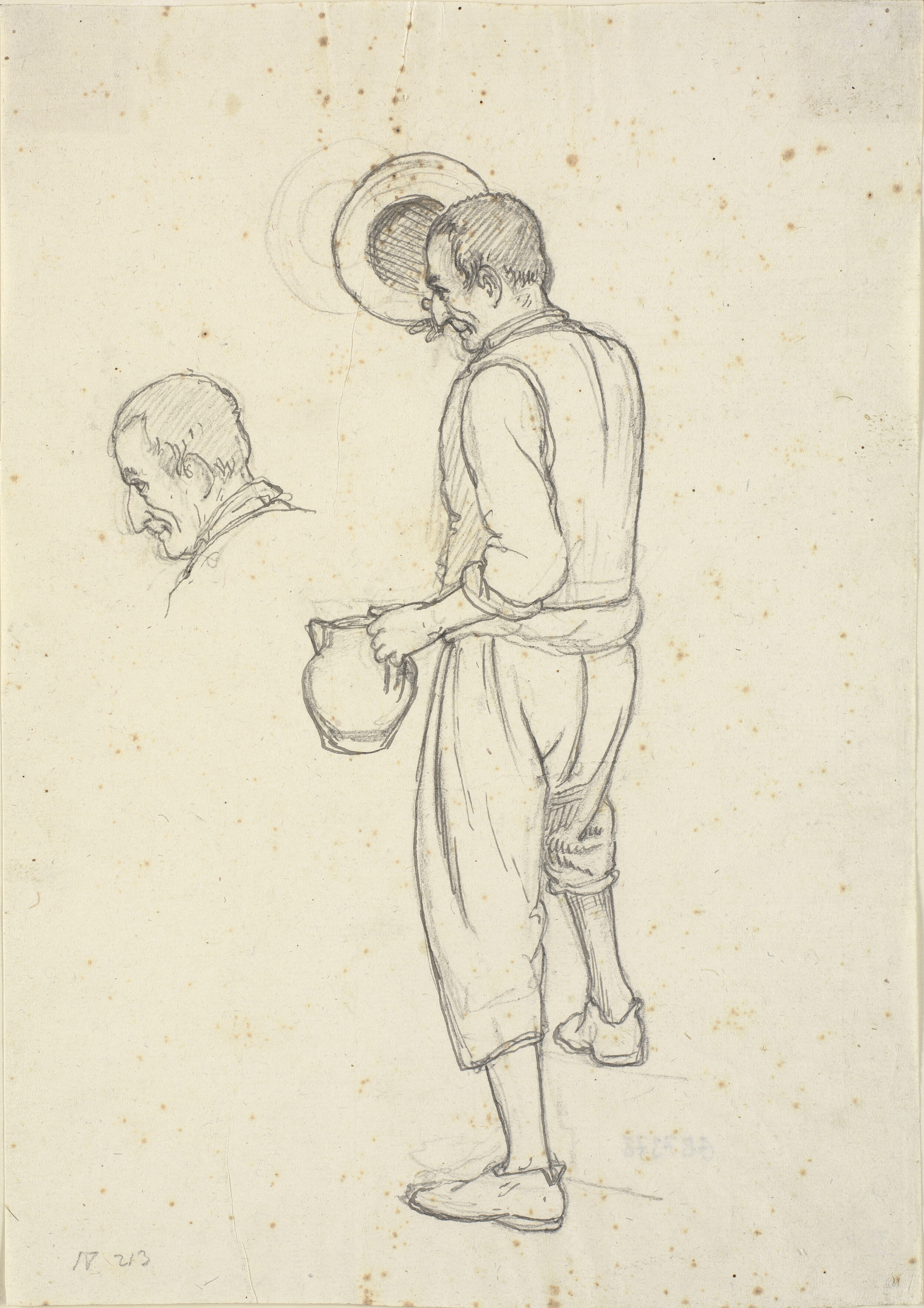 Gammel fisker tager hatten af og studie af sammes hoved