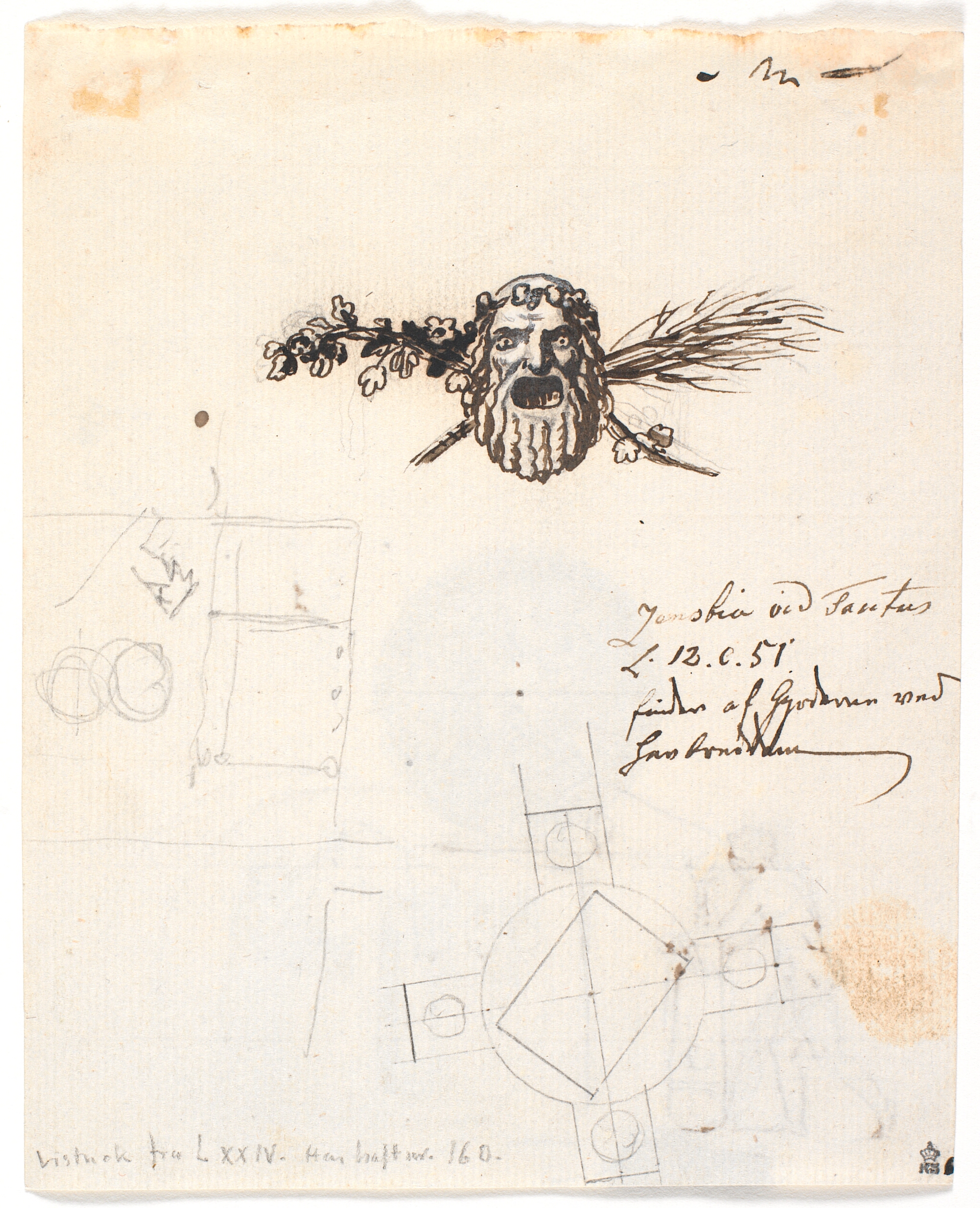 Udkast til segl for Røros bjergkorps, tillige med et par små figurudkast