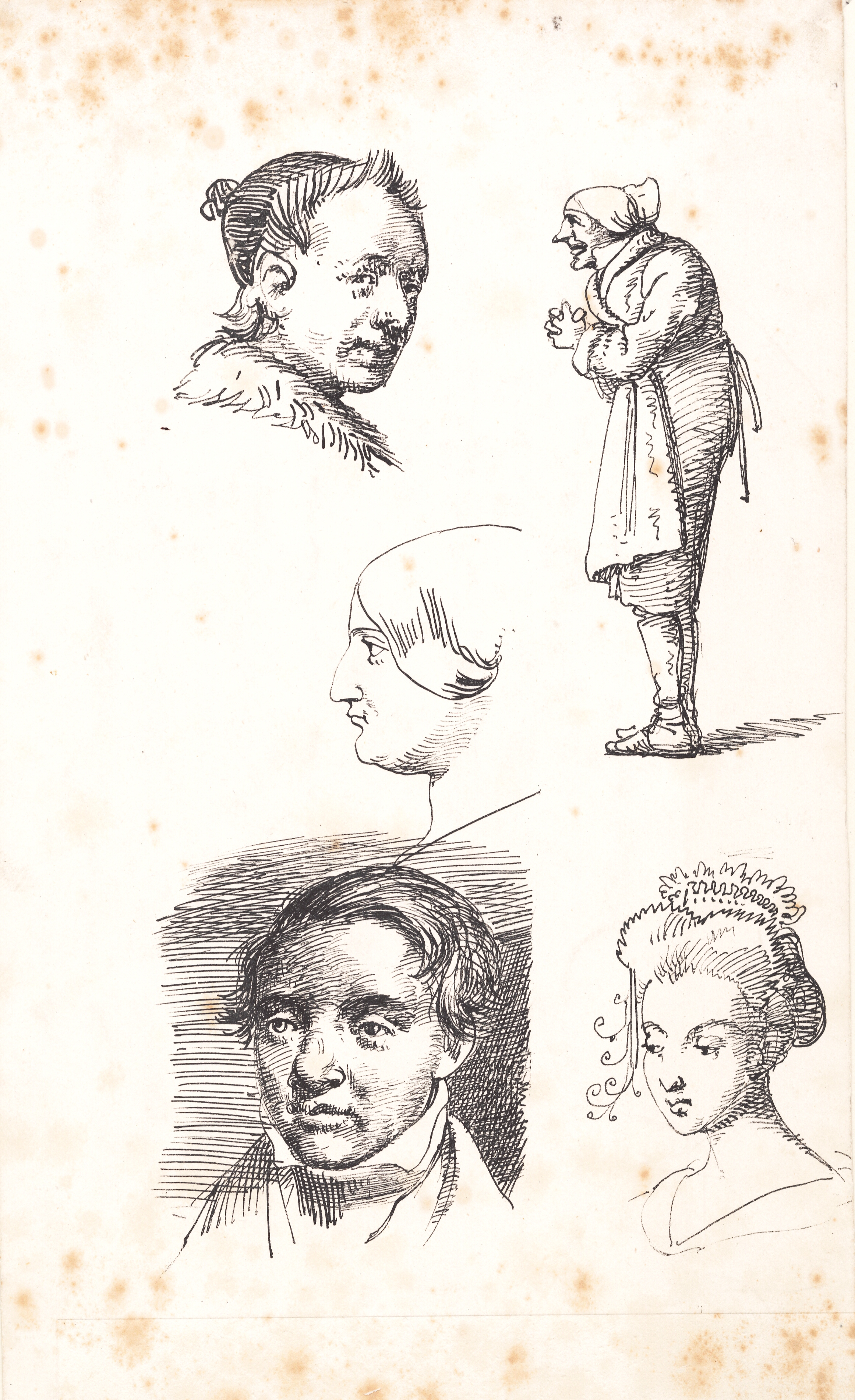 Studieblad med to mandshoveder, to kvindehoveder og en stående mand