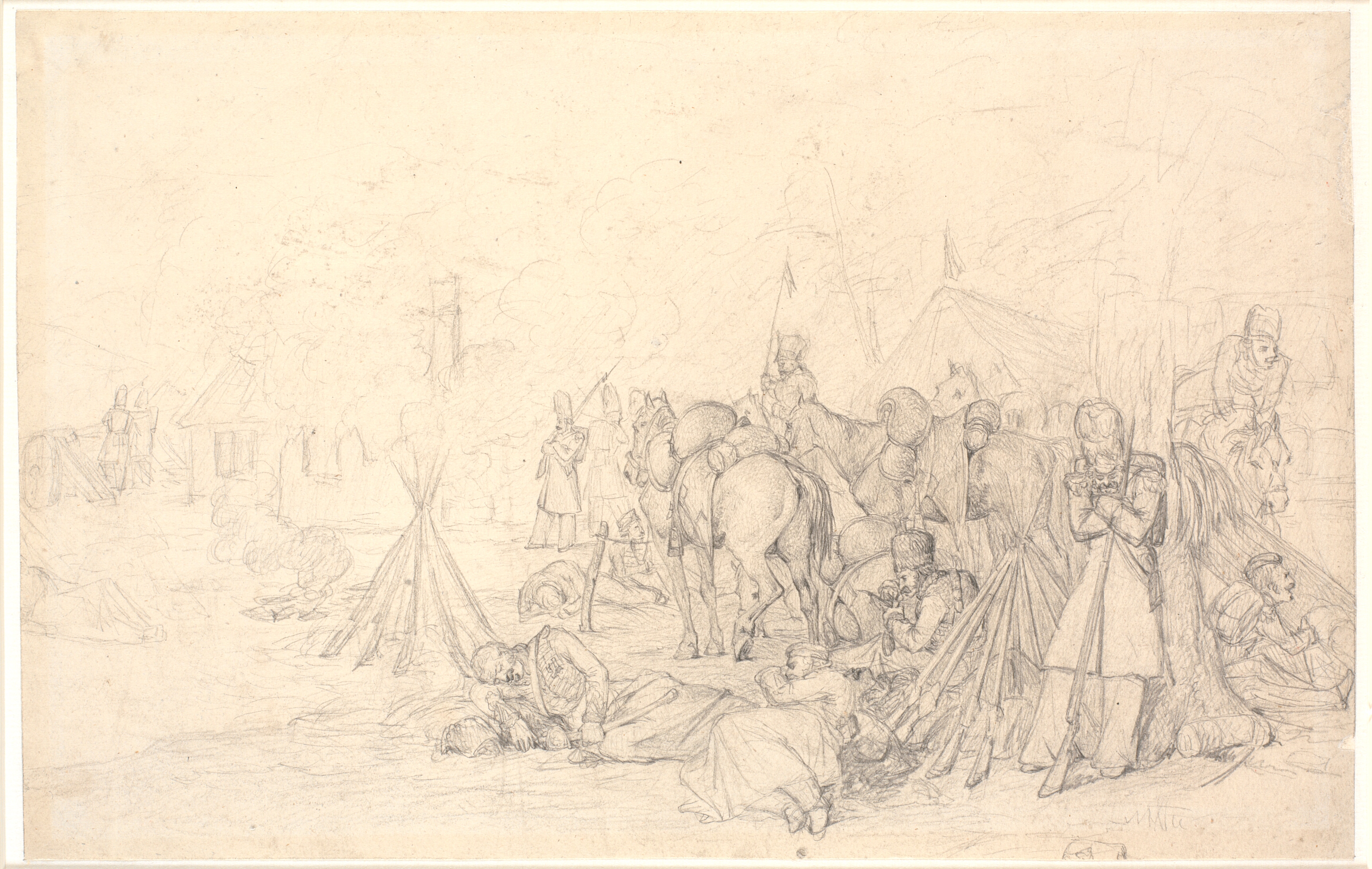 Franske som bivuakerer på valpladsen efter et slag