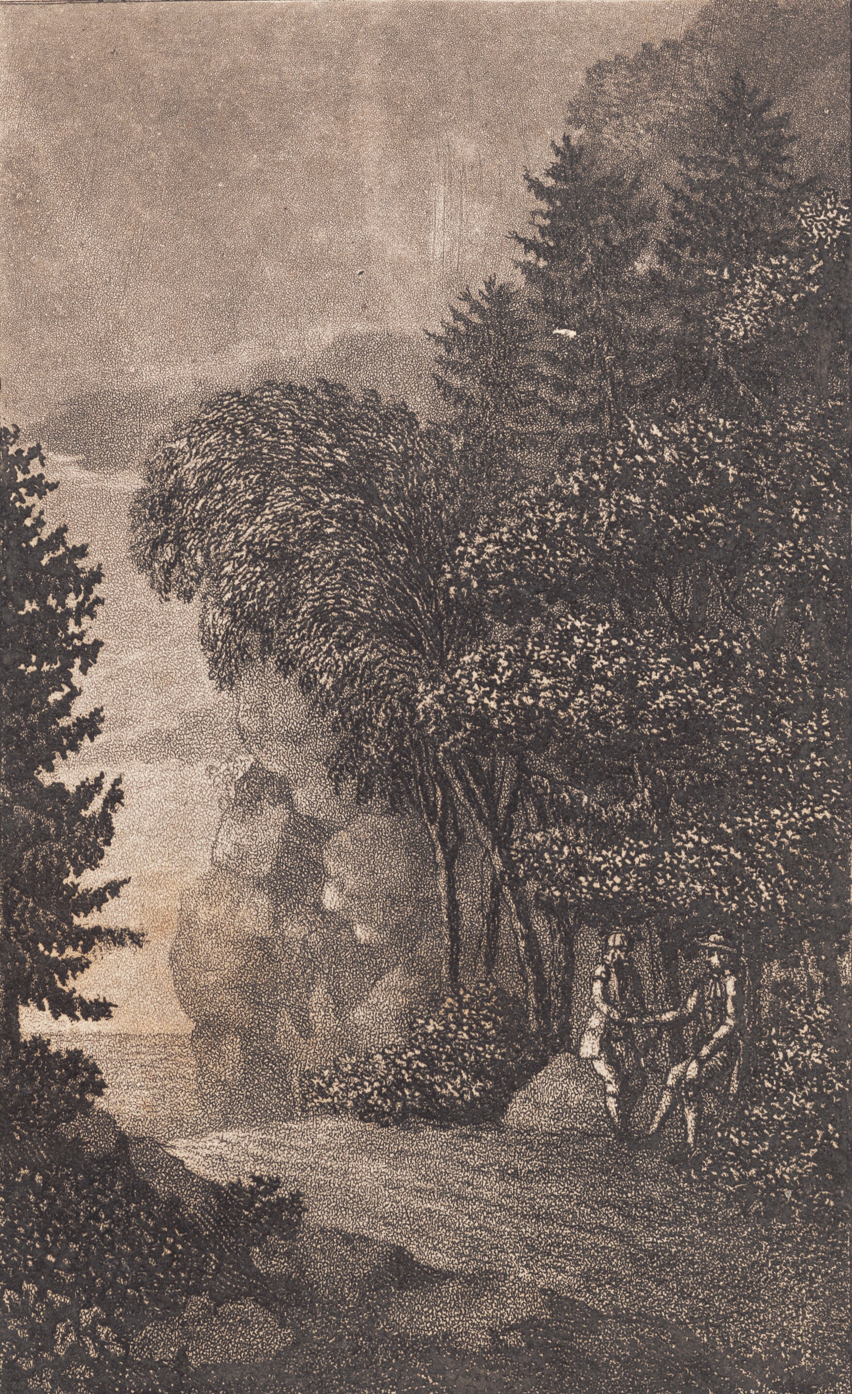 Landskab med klipper og store træer, t.h. to mænd