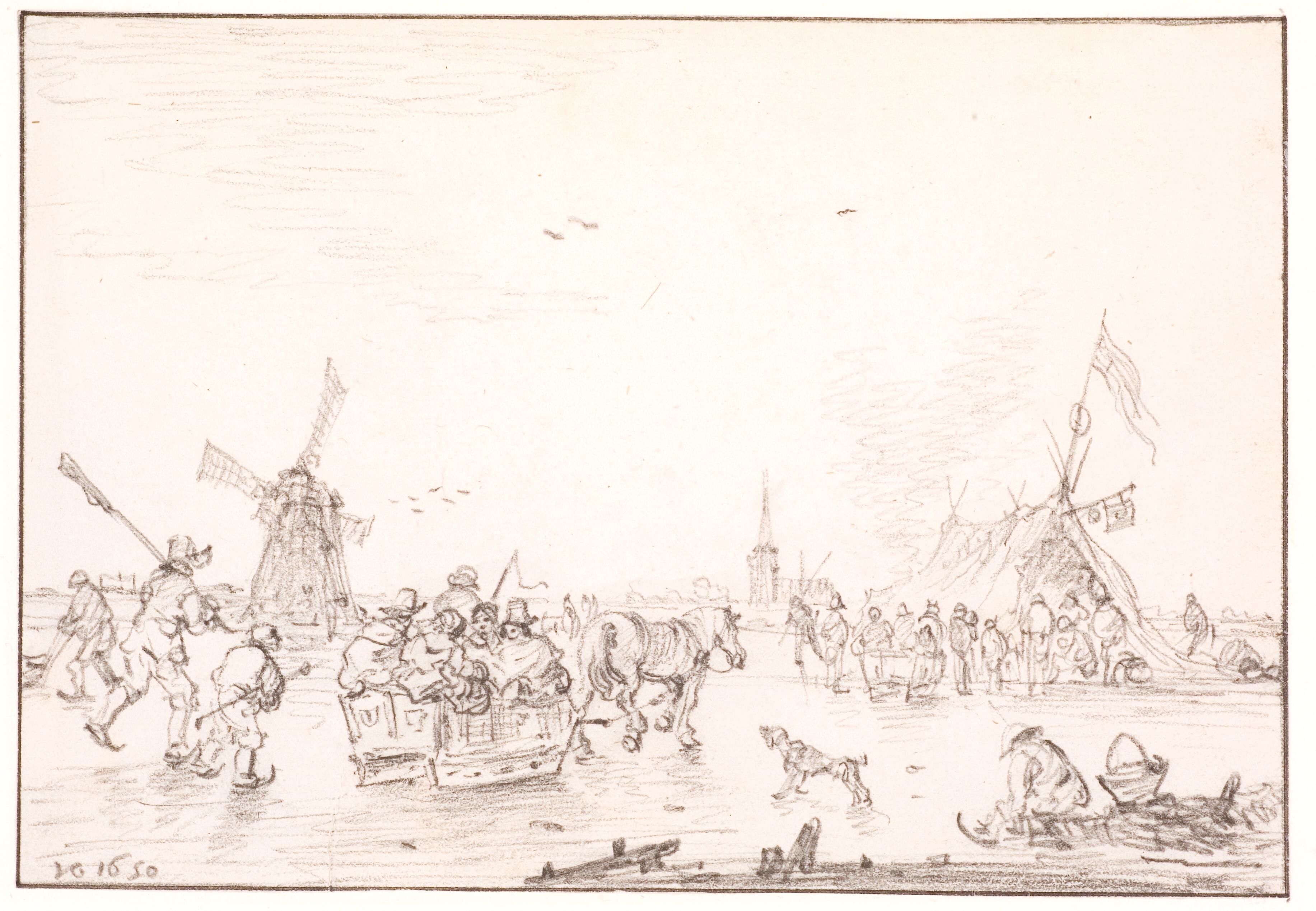 Vinterlandskab med skøjteløb og slædekørsel på isen