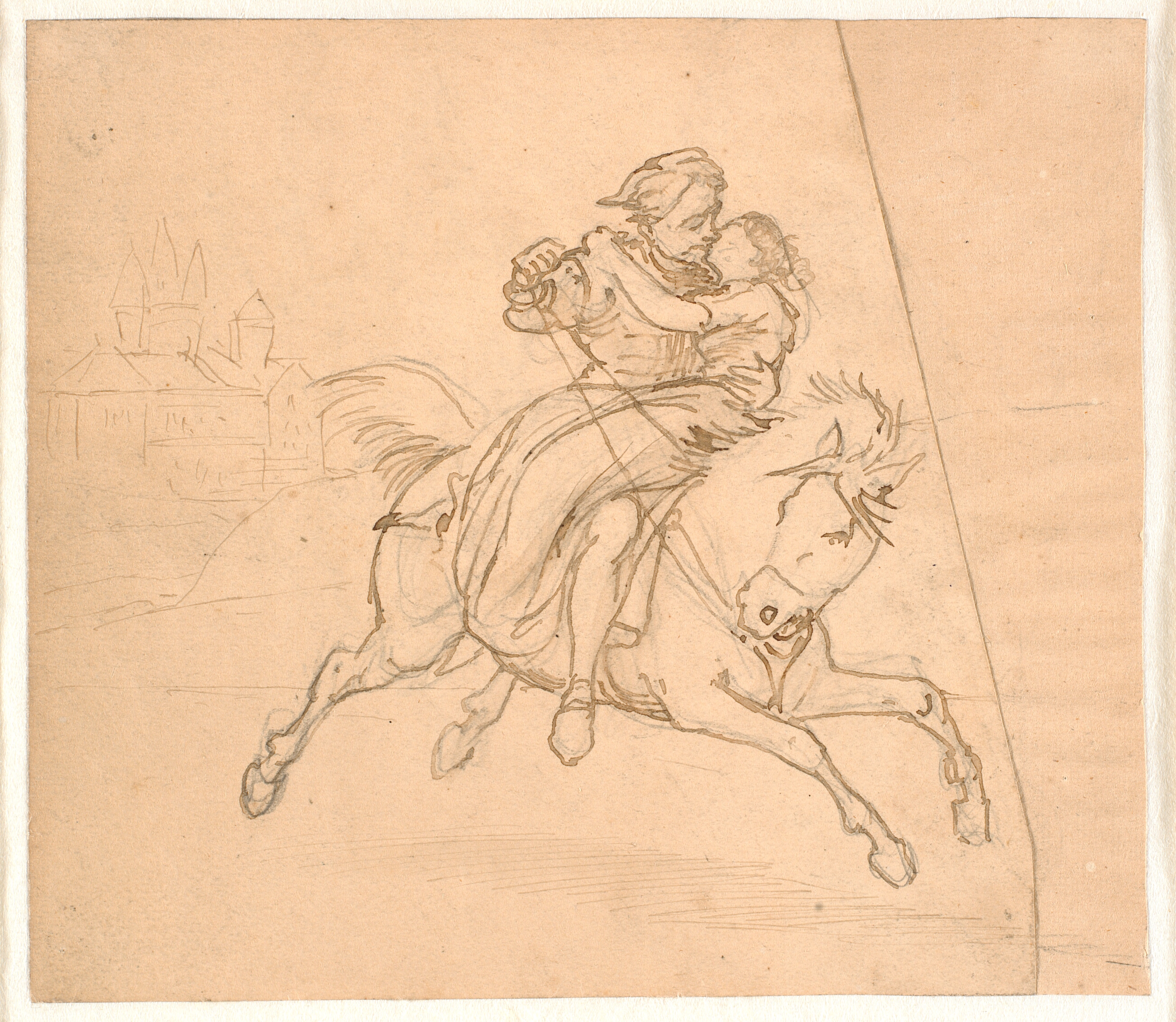 Bortførelsen. Ridende par, i baggrunden borg eller slot