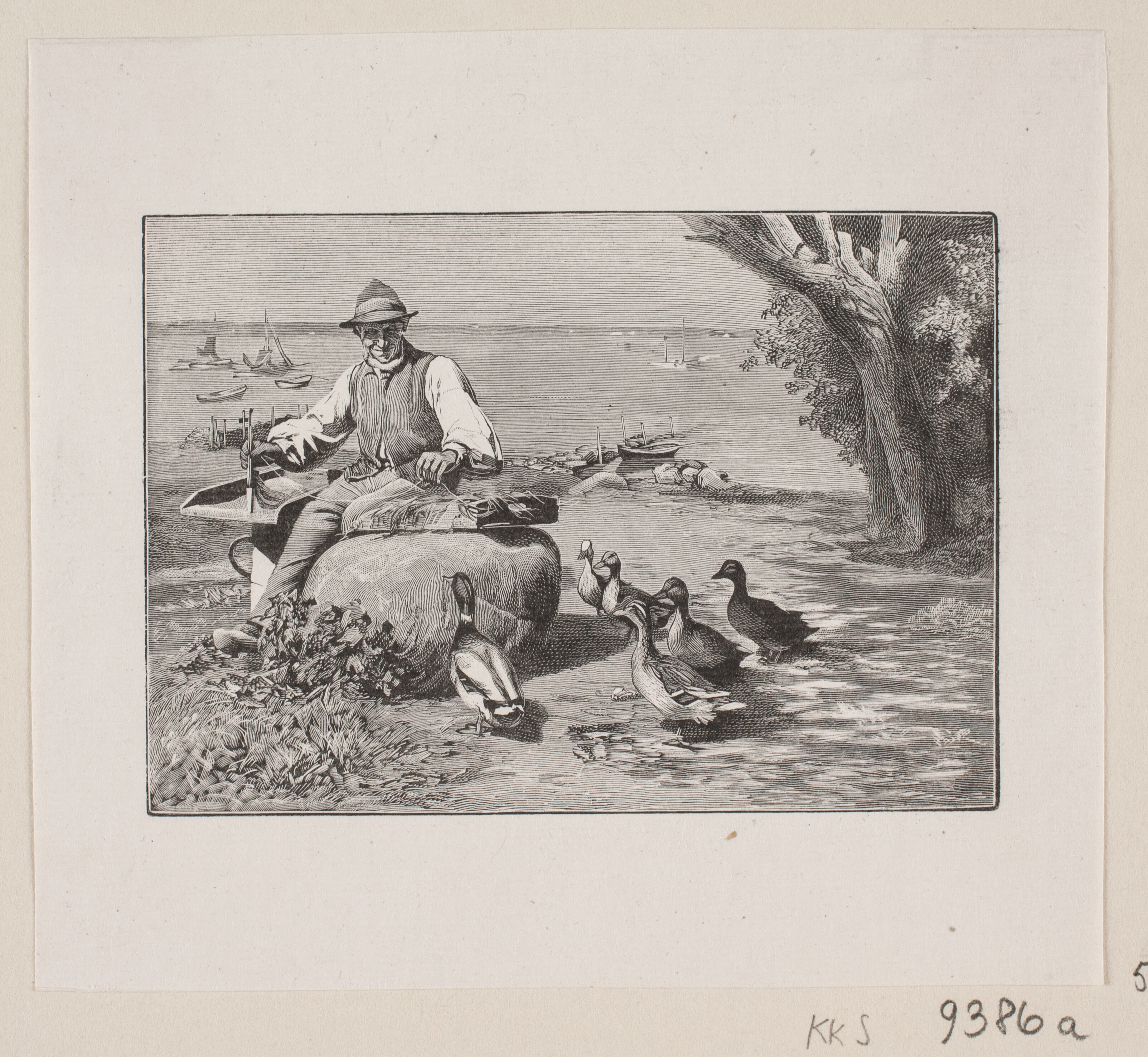 En fisker ordner sine snører omgivet af en flok ænder