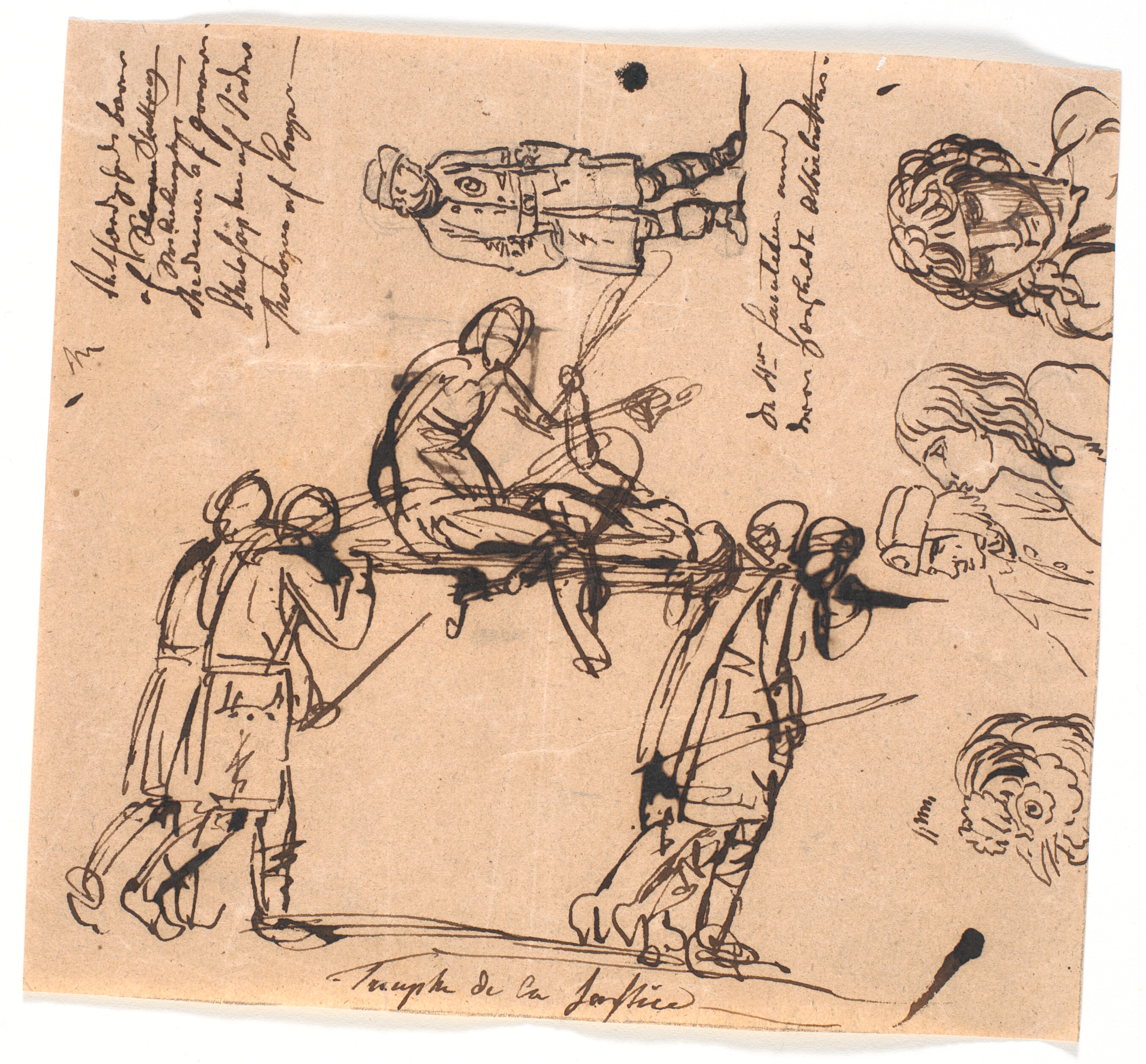 Retfærdighedens triumf. Fire væbnede mænd bærer en båre, med en udstrakt og en siddende figur