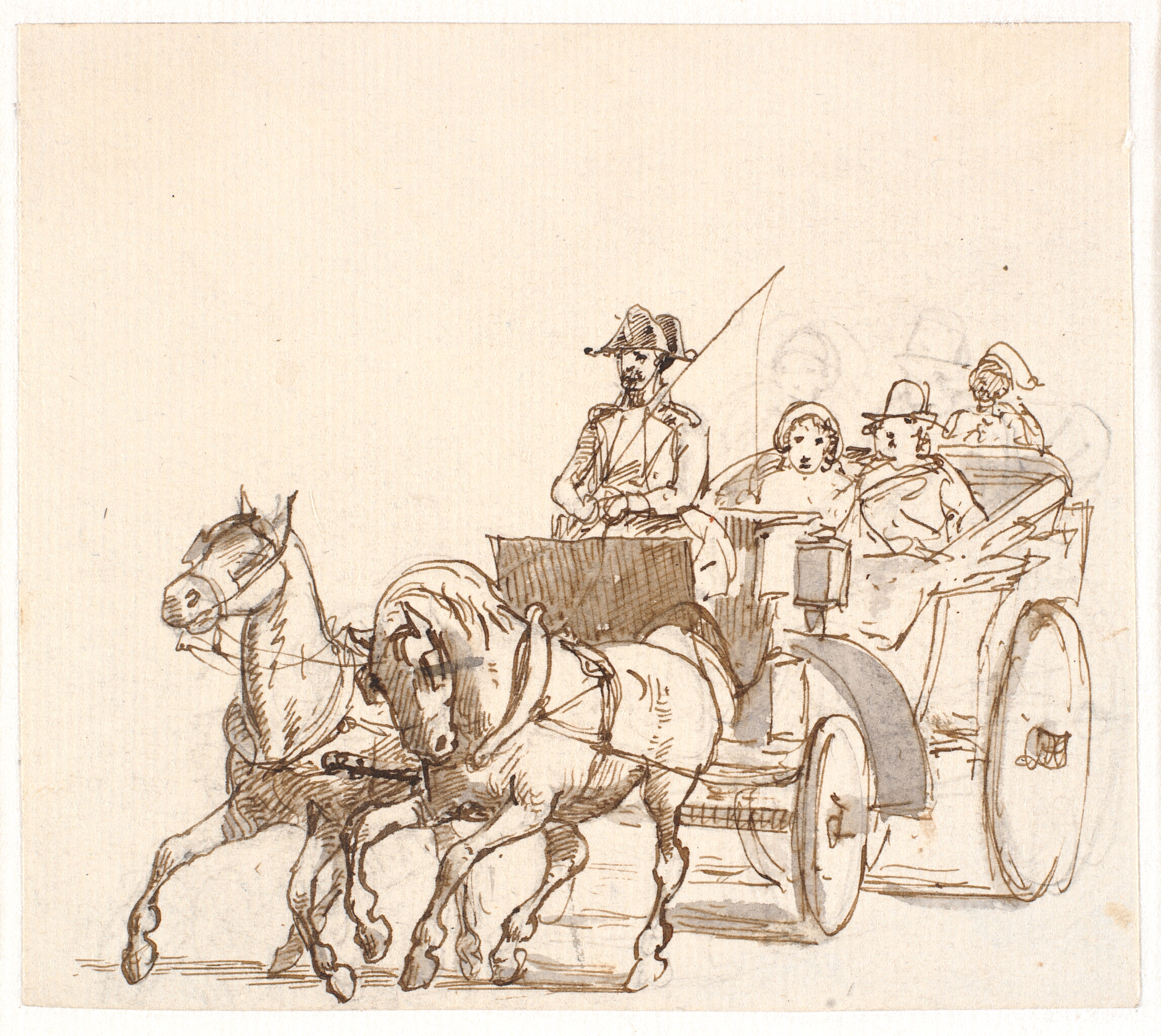 Landauer. Kusk med trekantet hat, herskab og tjener