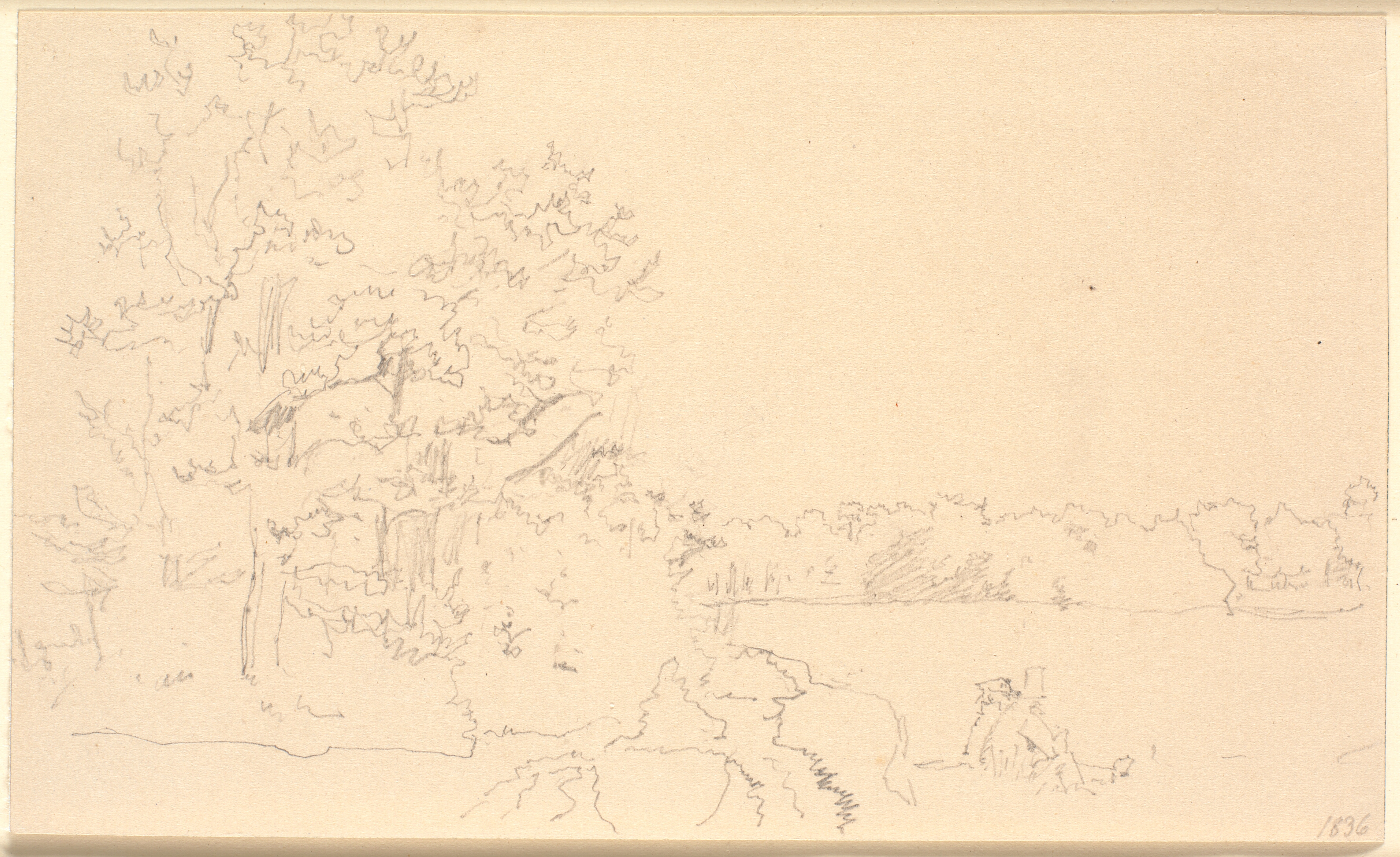 Skovlandskab med to siddende figurer i forgrunden