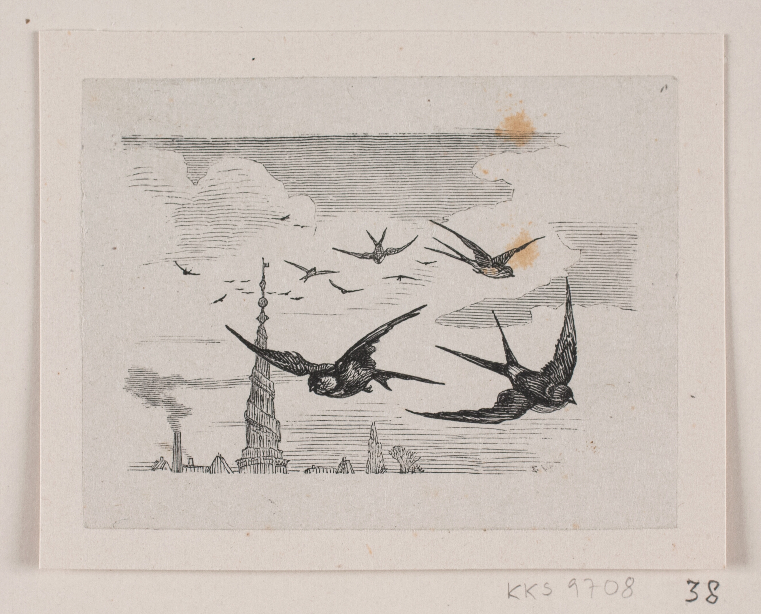 Flyvende svaler. I baggrunden Frelsers kirketårn